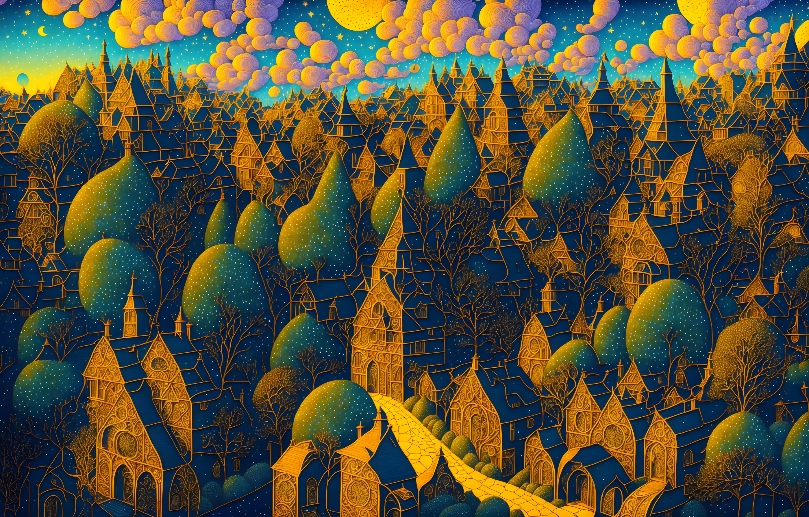 Whimsical artwork of fantastical village under starry sky