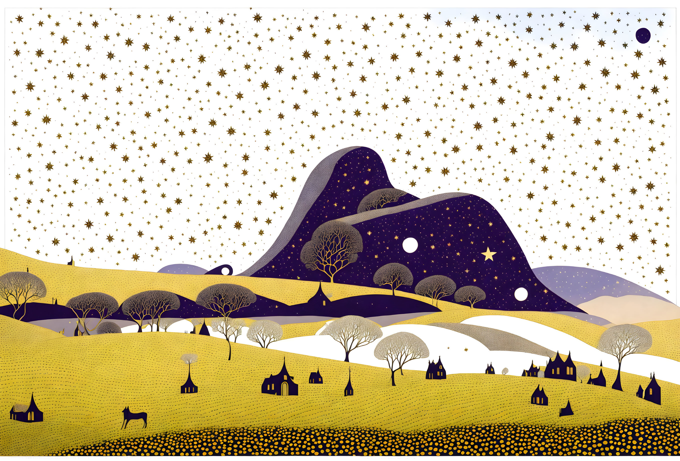 Whimsical landscape with starry skies, rolling hills, trees, houses, dog, and hot