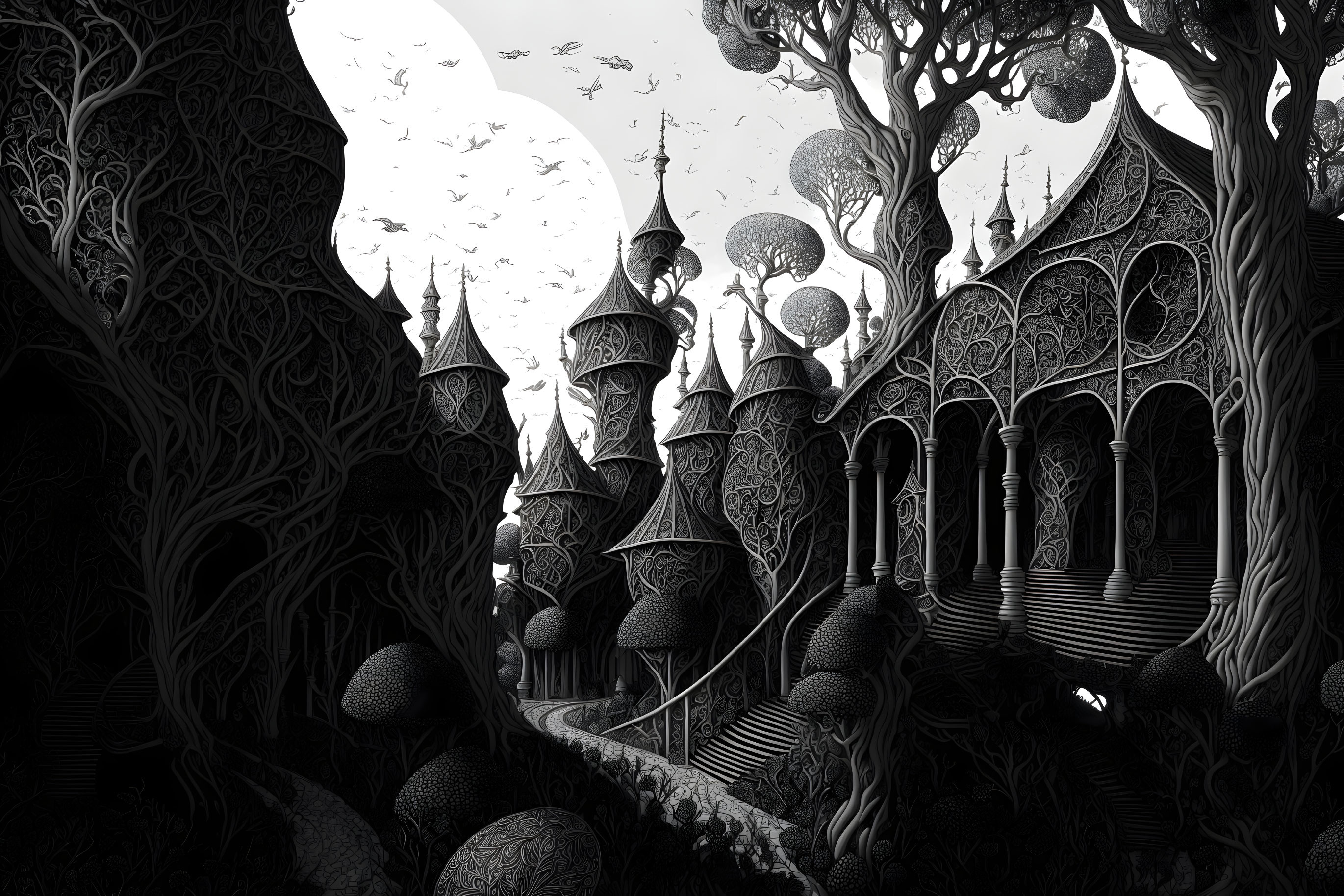 Monochrome fantasy landscape with intricate structures and spherical elements