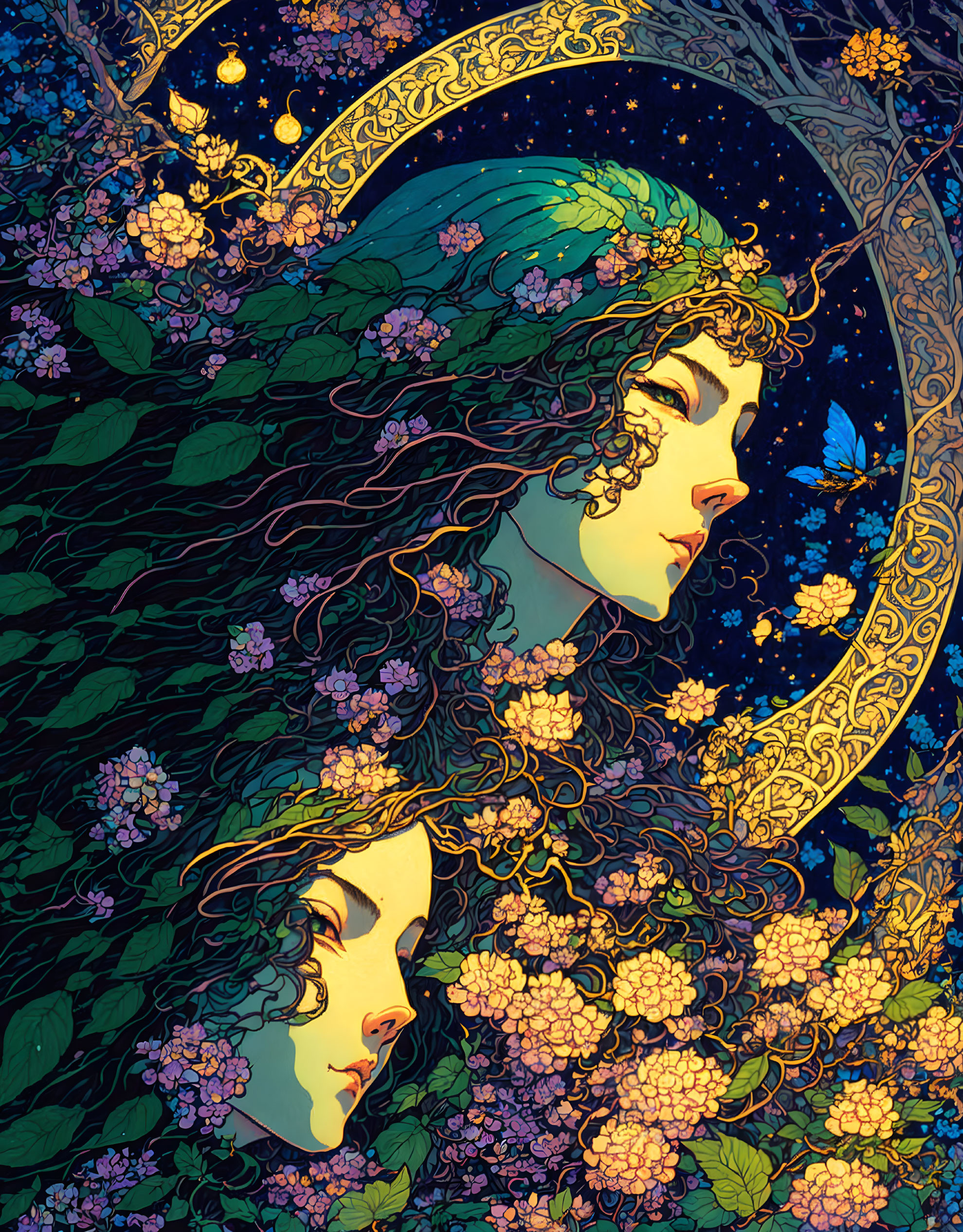 Stylized female faces with floral patterns, moon, and butterflies