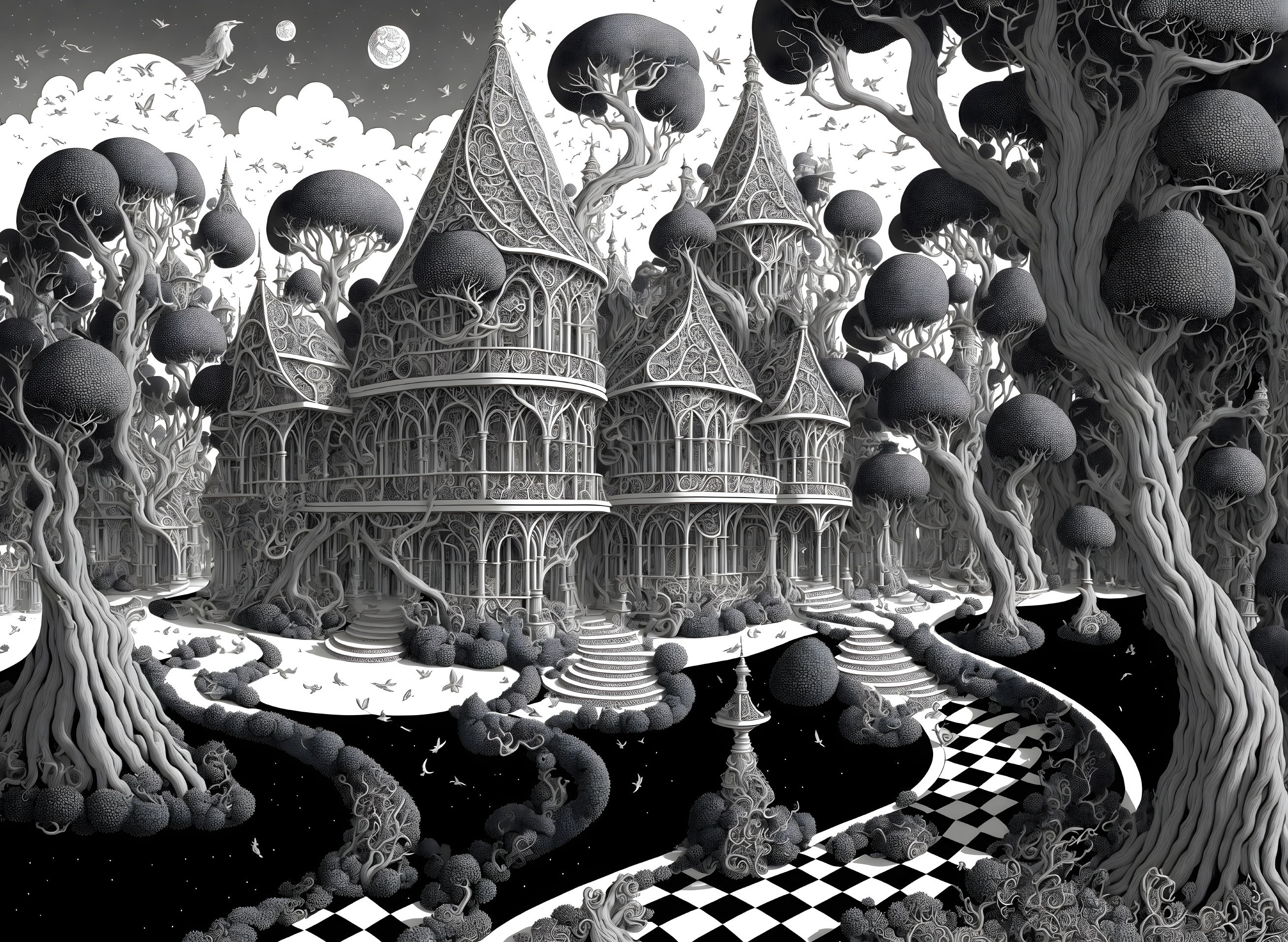 Surreal monochrome landscape with fantasy castle and whimsical trees