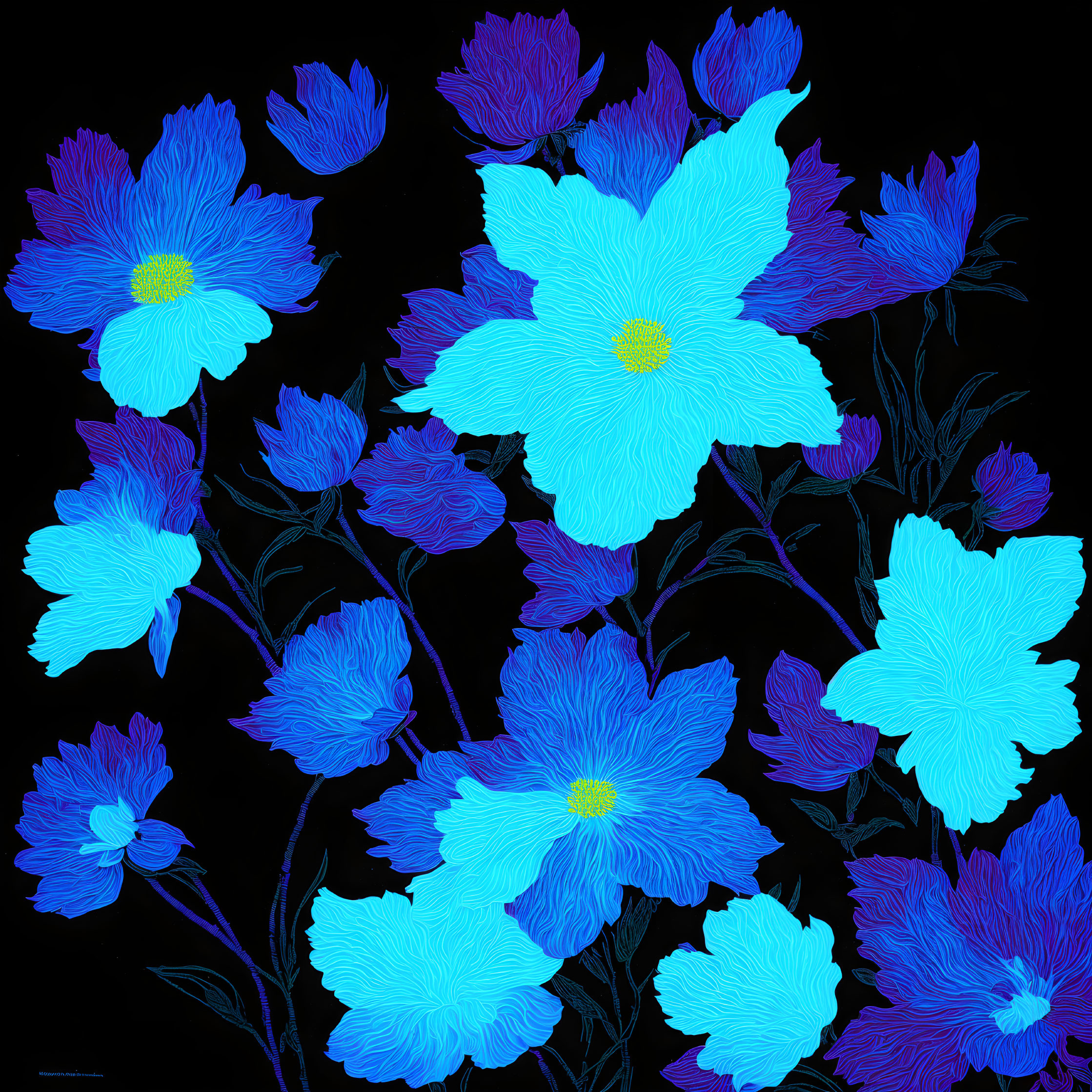 Detailed Neon Blue and Purple Flower Illustration on Black Background