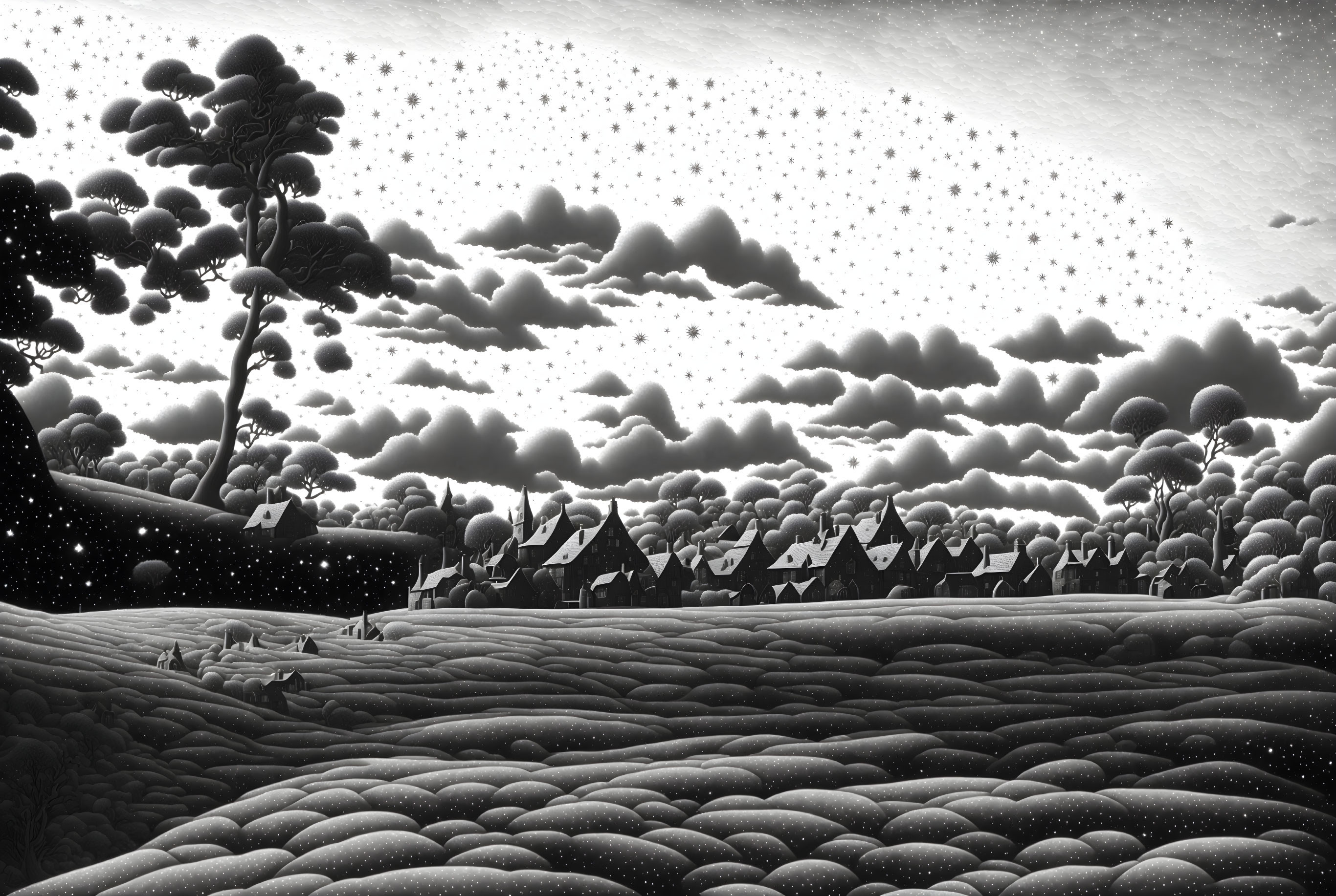 Monochromatic landscape with textured field, whimsical trees, village, clouds, and starry sky