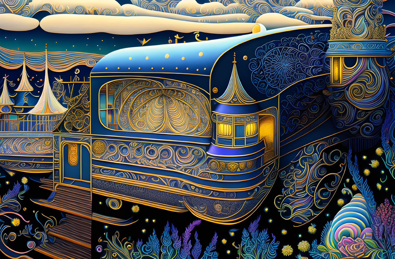 Colorful Stylized Train Illustration with Night-time Landscape
