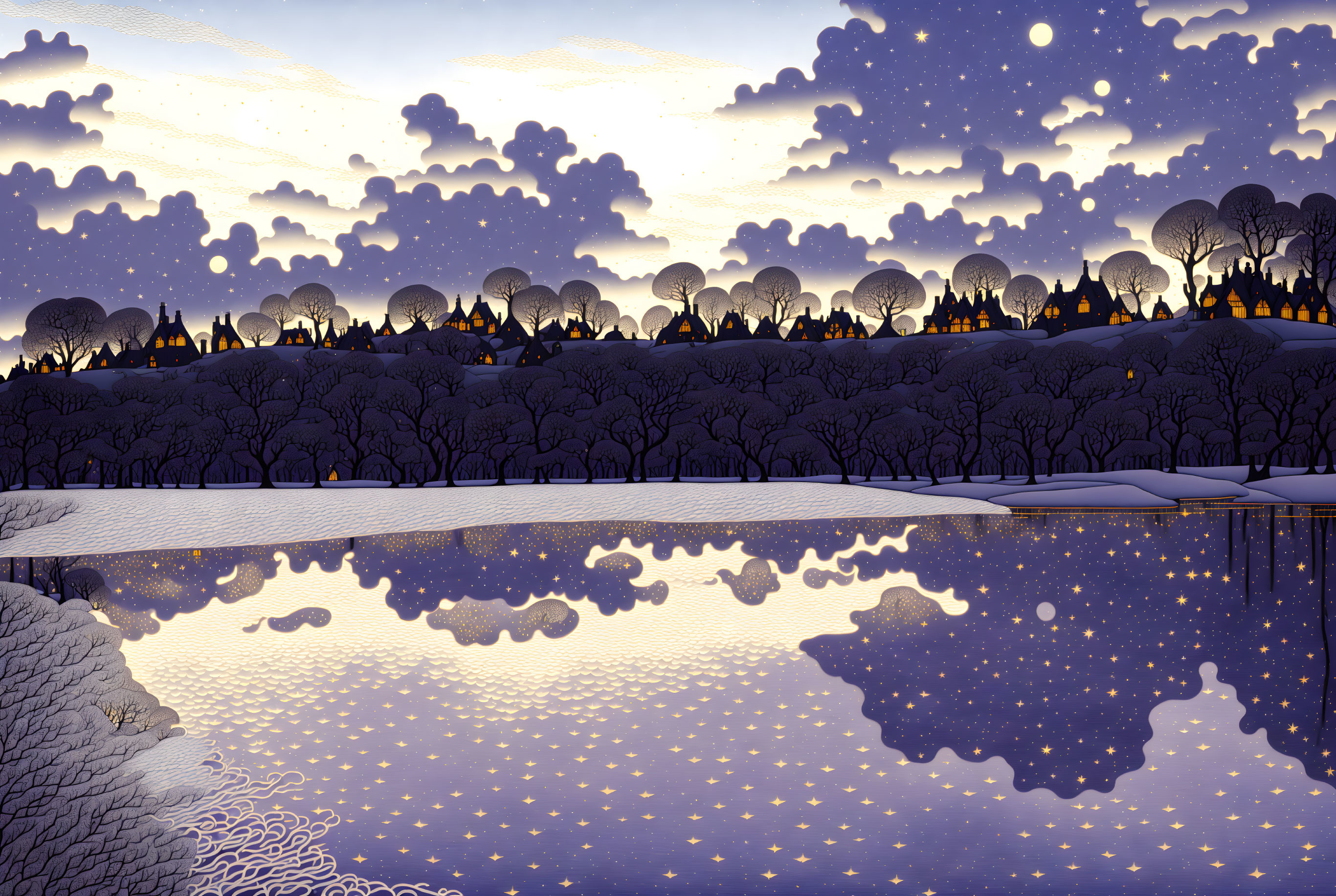Illustrated nighttime landscape with bare trees, reflective lake, village, starry sky.