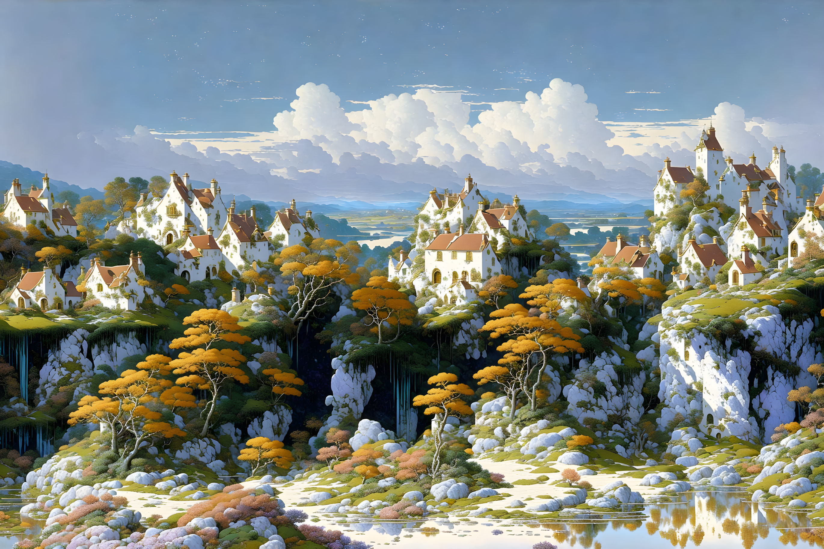 Tranquil fantasy landscape with white-roofed houses, lush trees, rocky outcrops,
