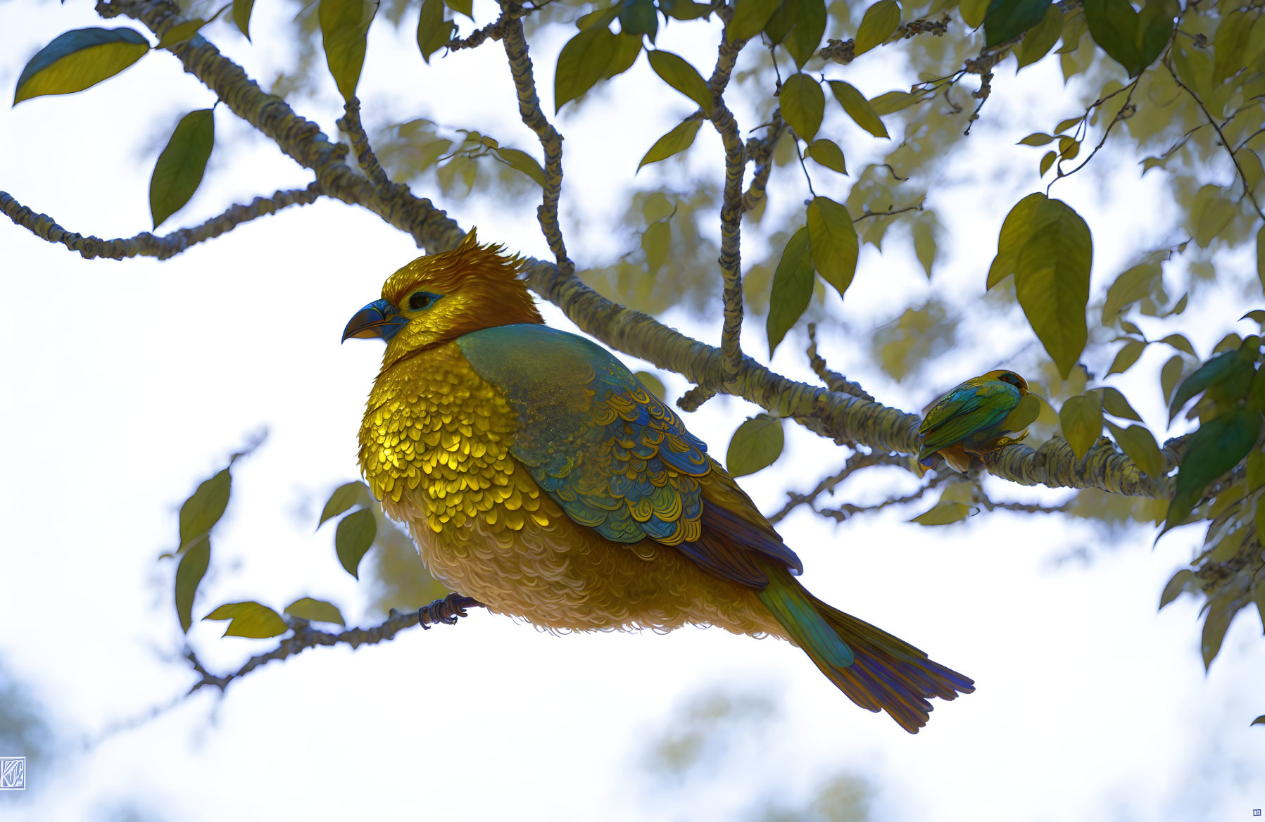 Colorful bird with golden and teal plumage perched on branch in nature scene