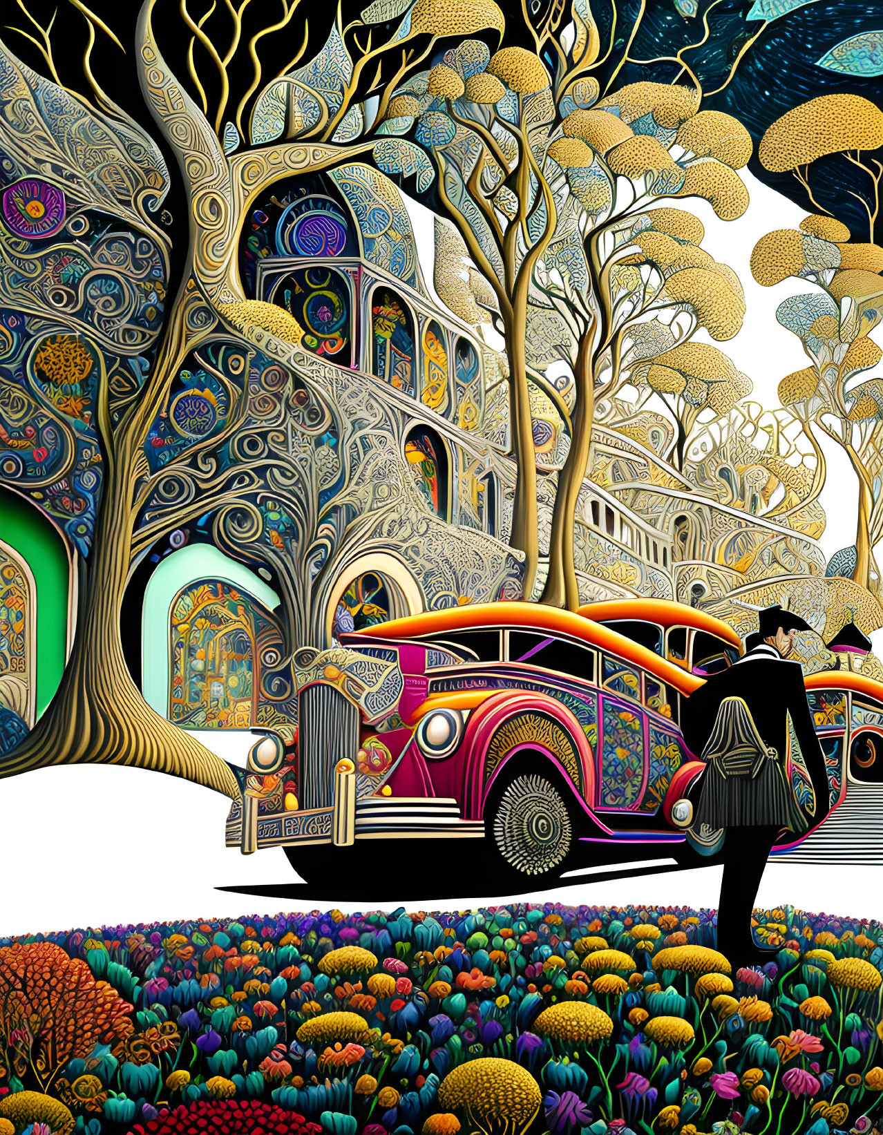 Colorful illustration of man in hat by ornate bus with whimsical tree and flowers