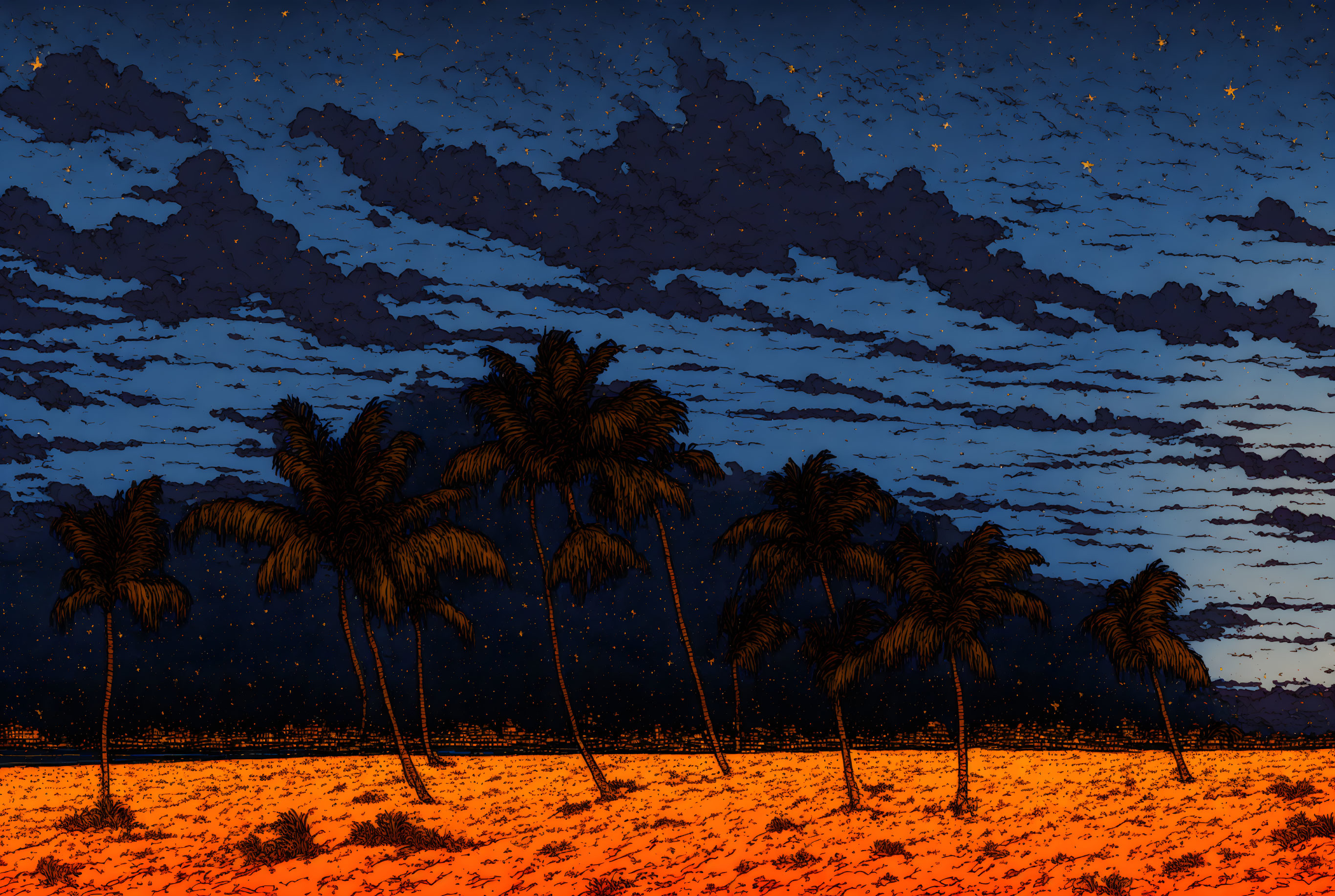 Stylized digital art: Night scene with palm trees and starry sky