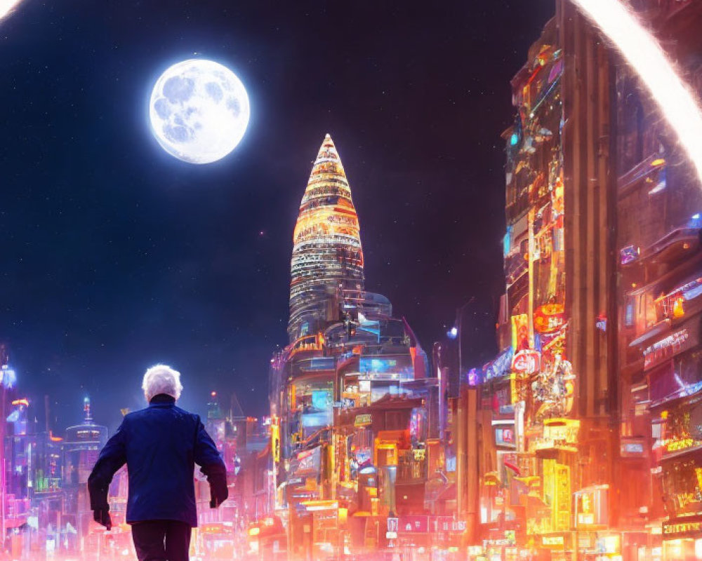 Person walking towards futuristic city under bright moon with glowing ring and neon-lit buildings.