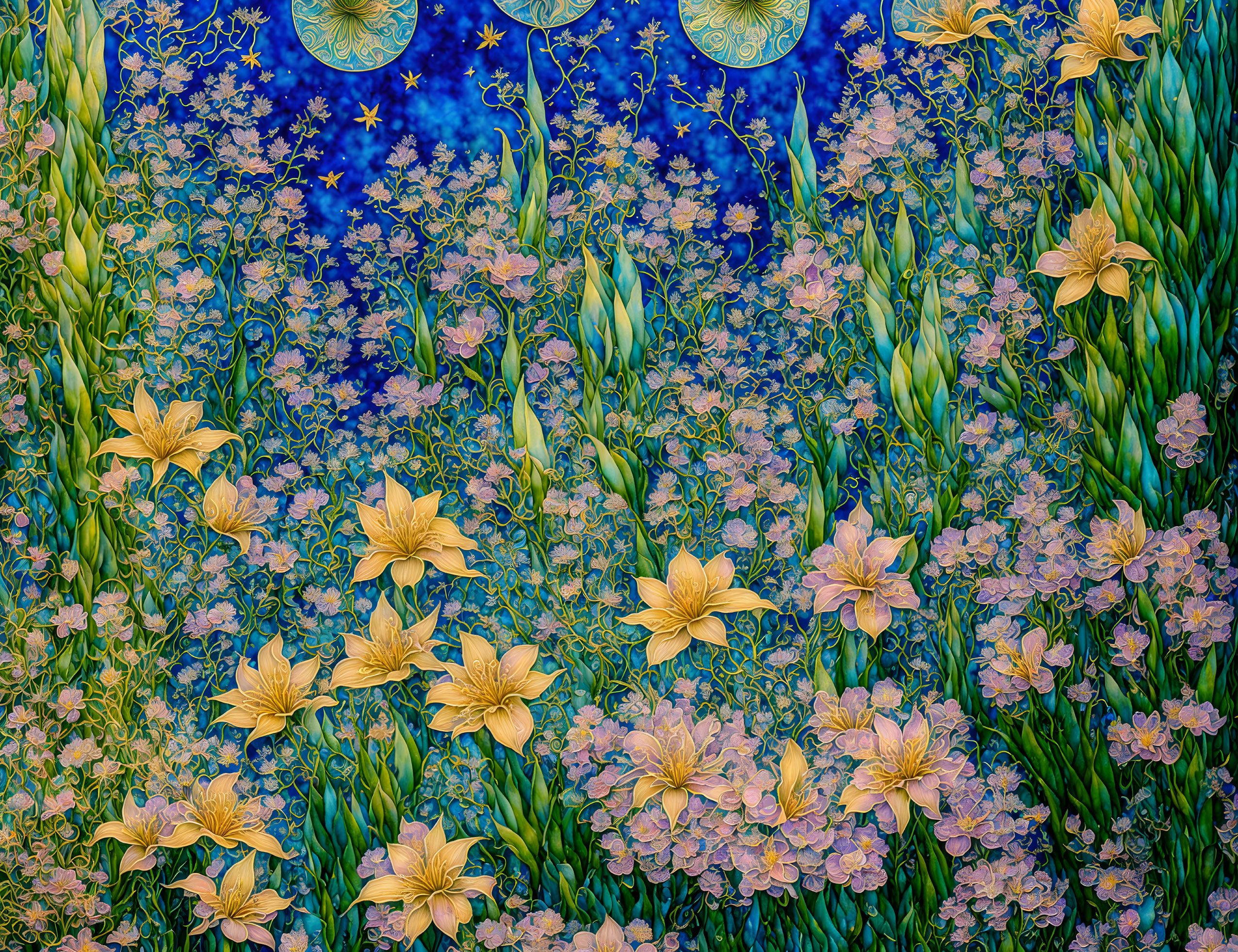 Colorful Floral Tapestry with Yellow Lilies and Pink Flowers on Blue Starry Background