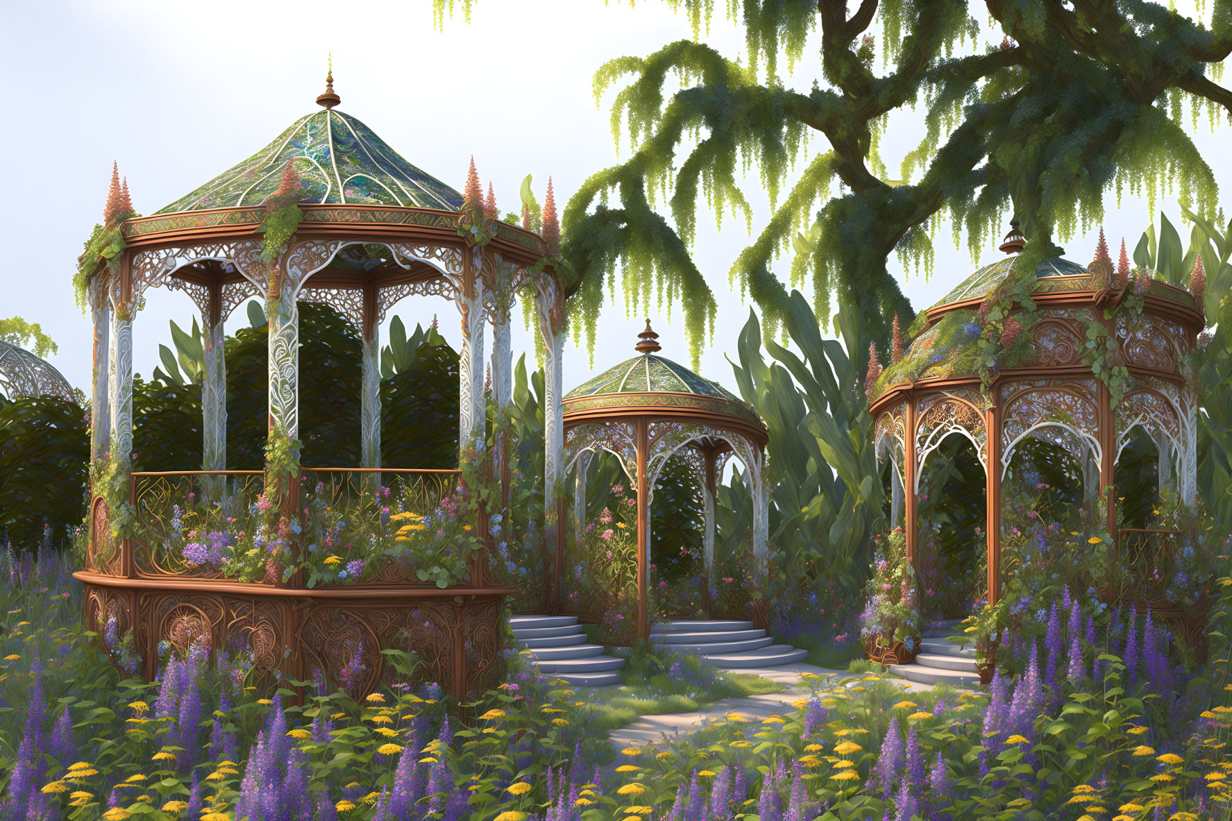 Elegant Garden Gazebos with Purple Flowers and Metalwork