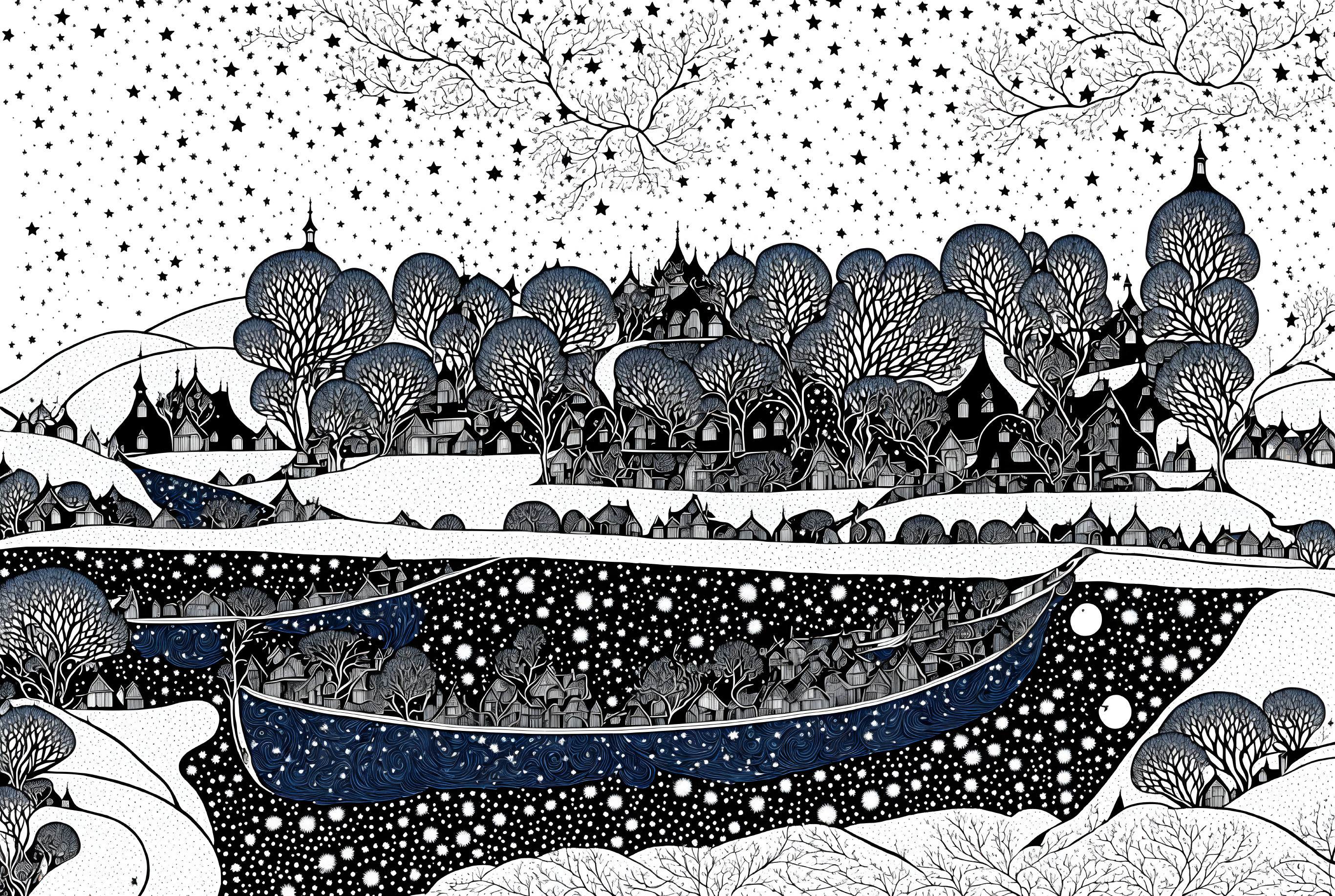 Detailed black and white snowy village illustration with starry sky, trees, houses, and river boat