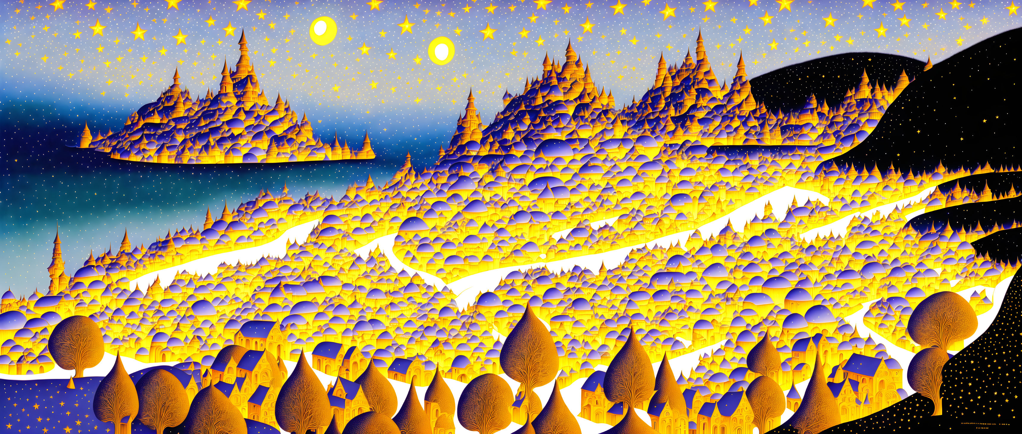 Surreal landscape with golden mountains under cosmic sky