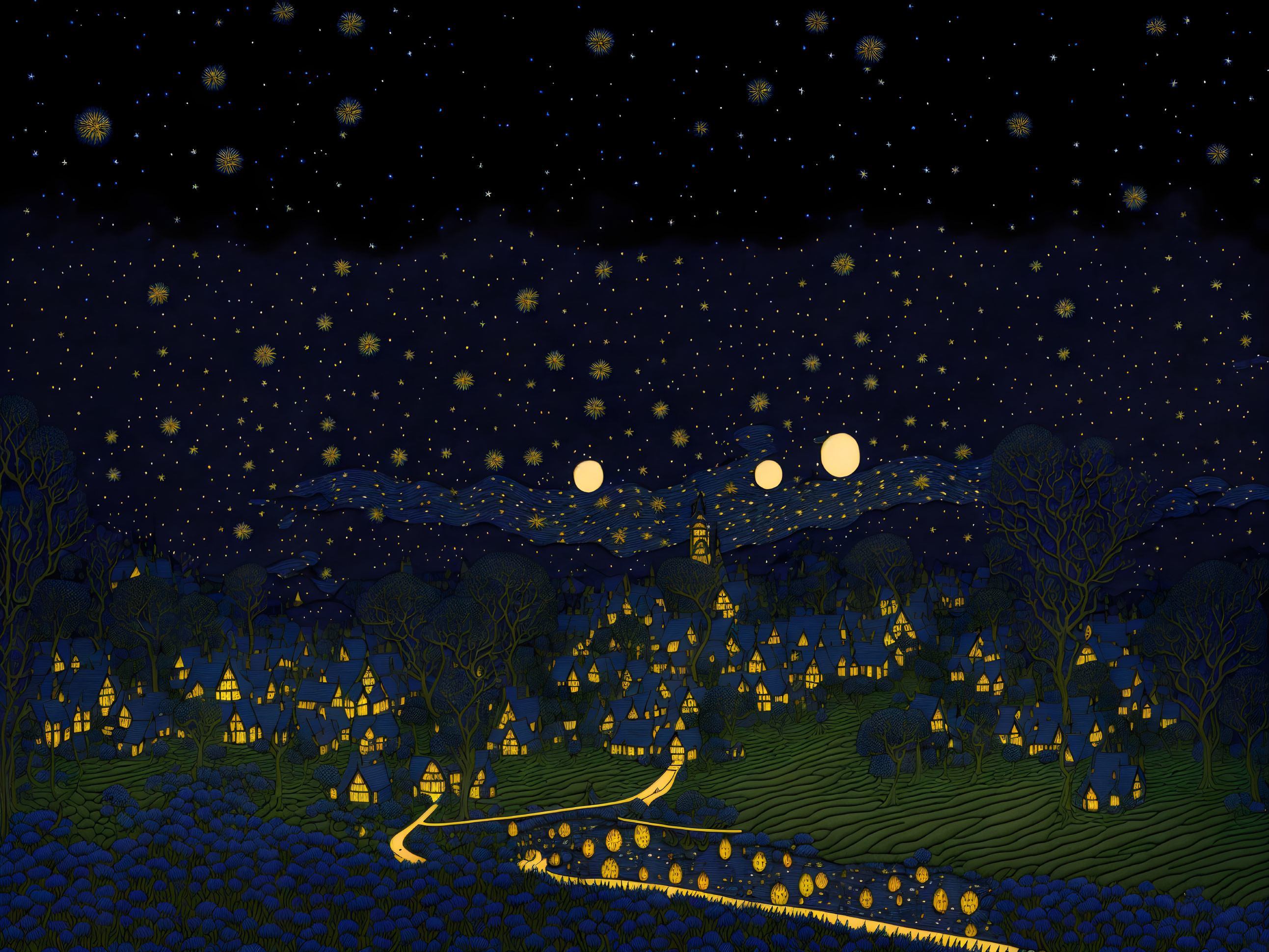 Whimsical landscape with twin moons and starry night sky