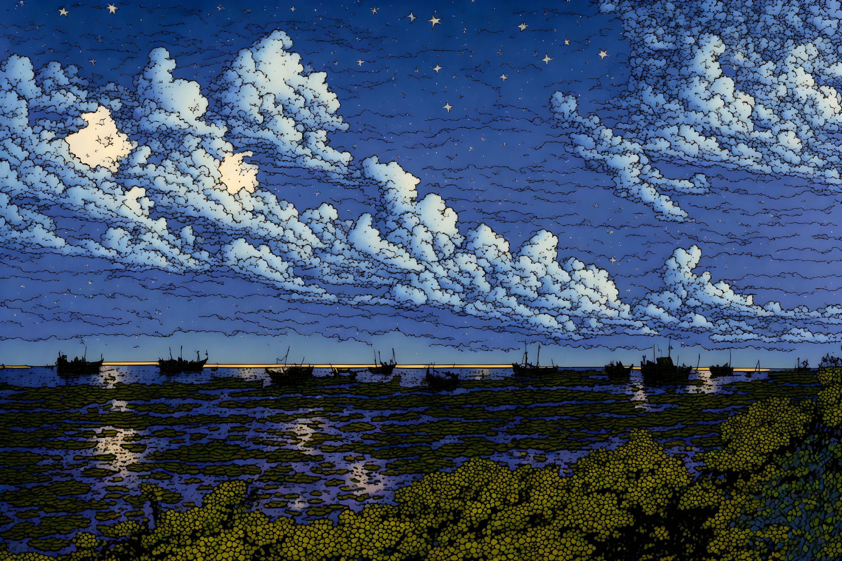 Stylized graphic of night skies with stars and wispy clouds