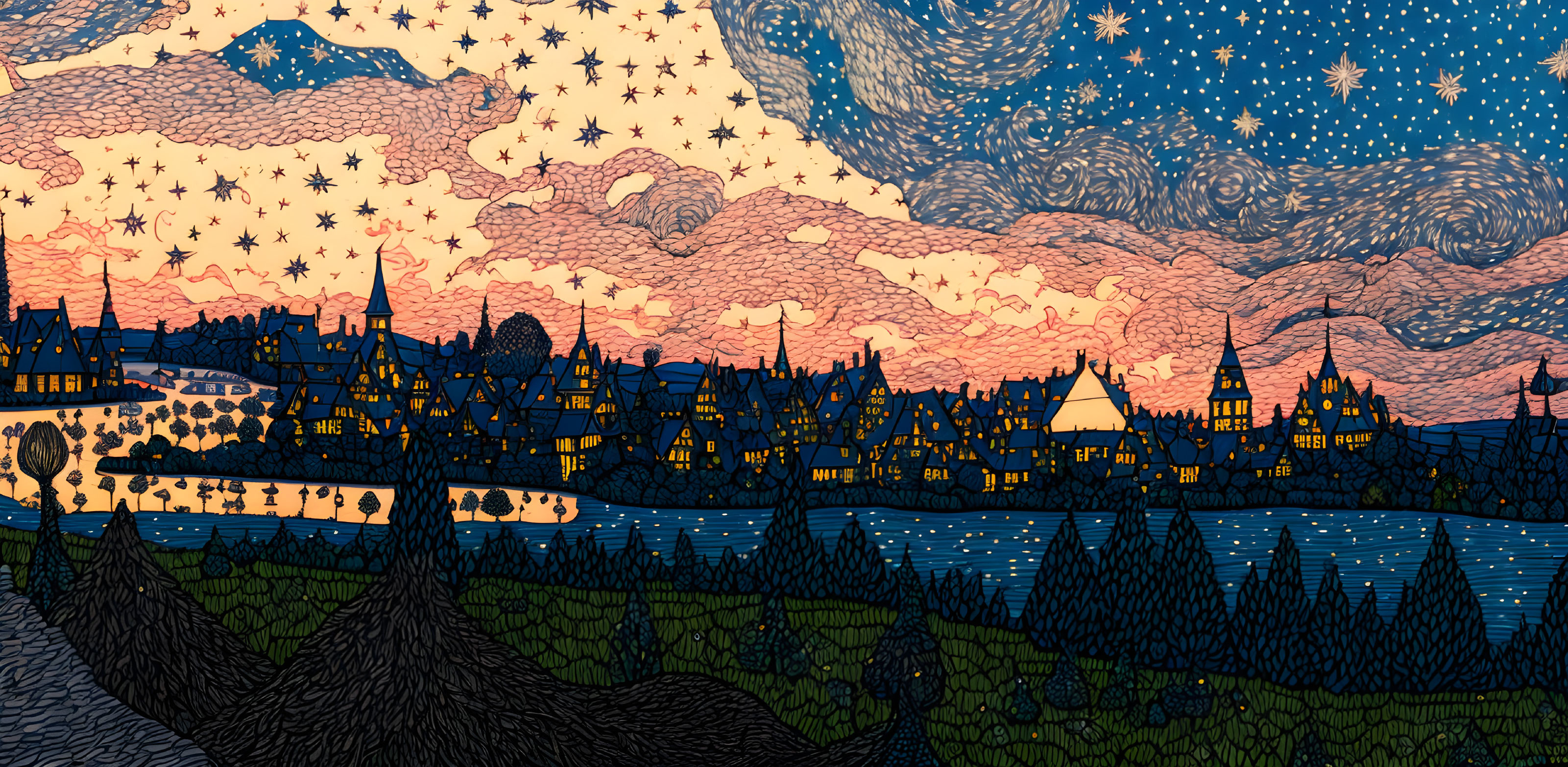 Town at Dusk: Stylized Illustration with Stars and Swirling Clouds