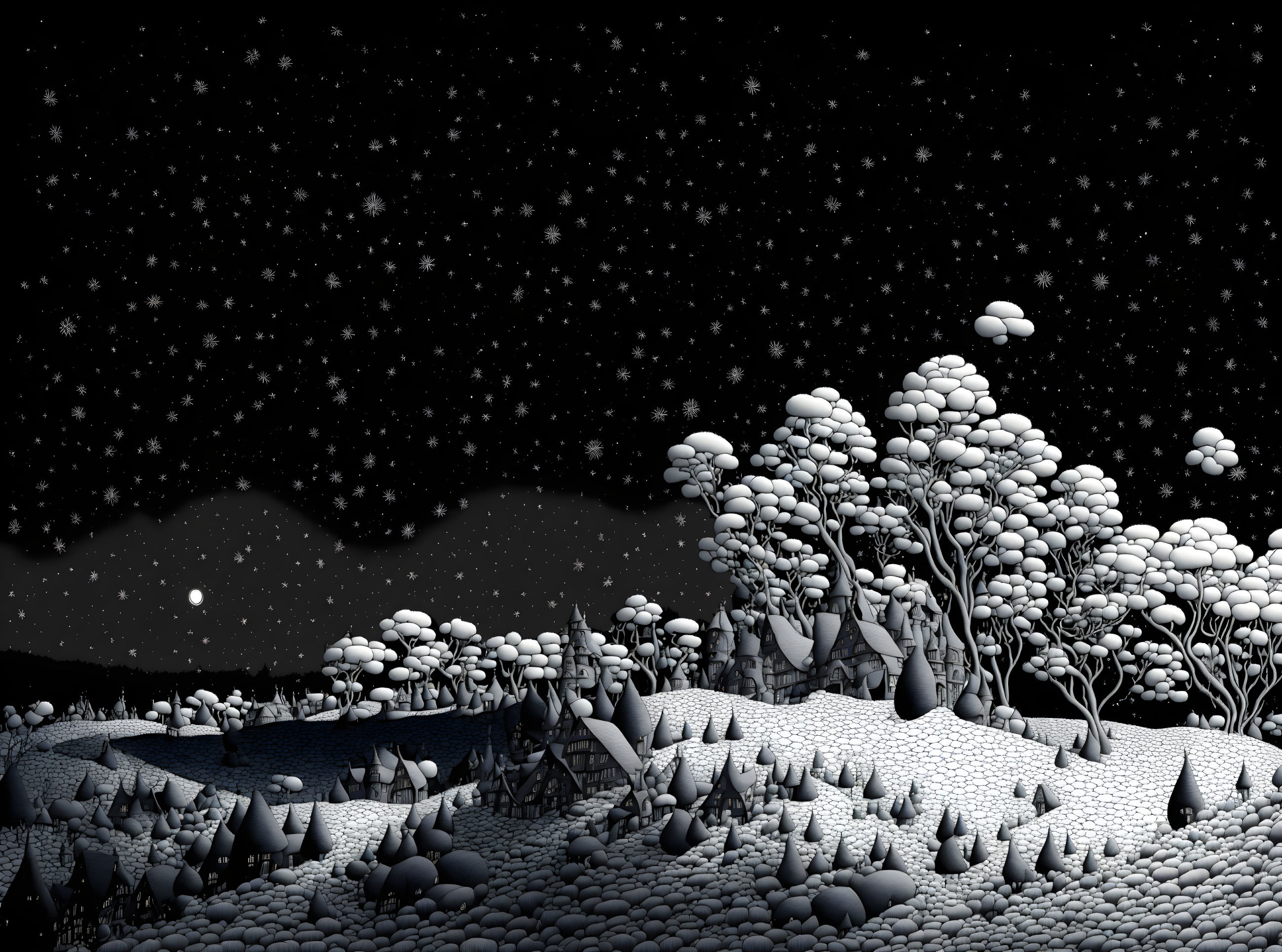 Monochrome snowy forest scene under starry sky