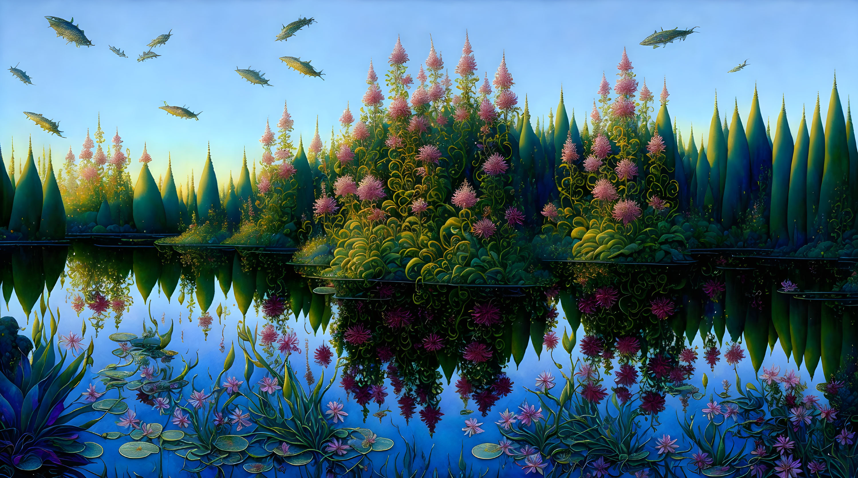 Fantastical landscape with flying fish, colorful flora, and twilight sky.