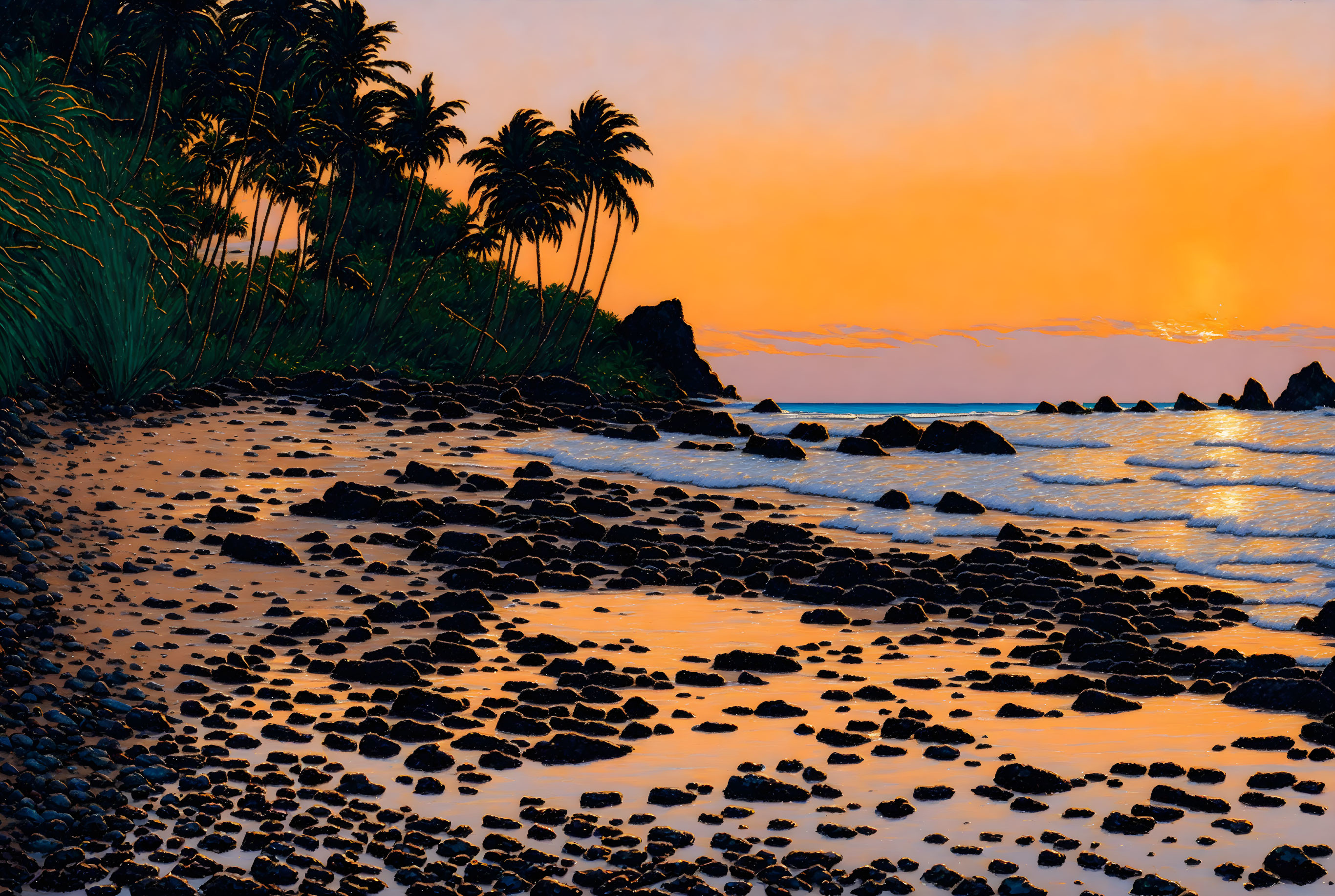 Tropical Beach Sunset with Palm Trees and Orange Skies