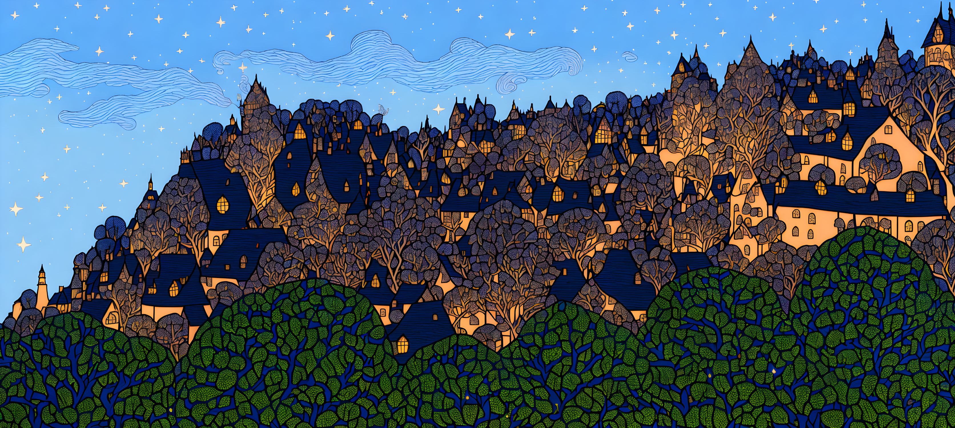 Starry night scene with clustered village and leafy trees