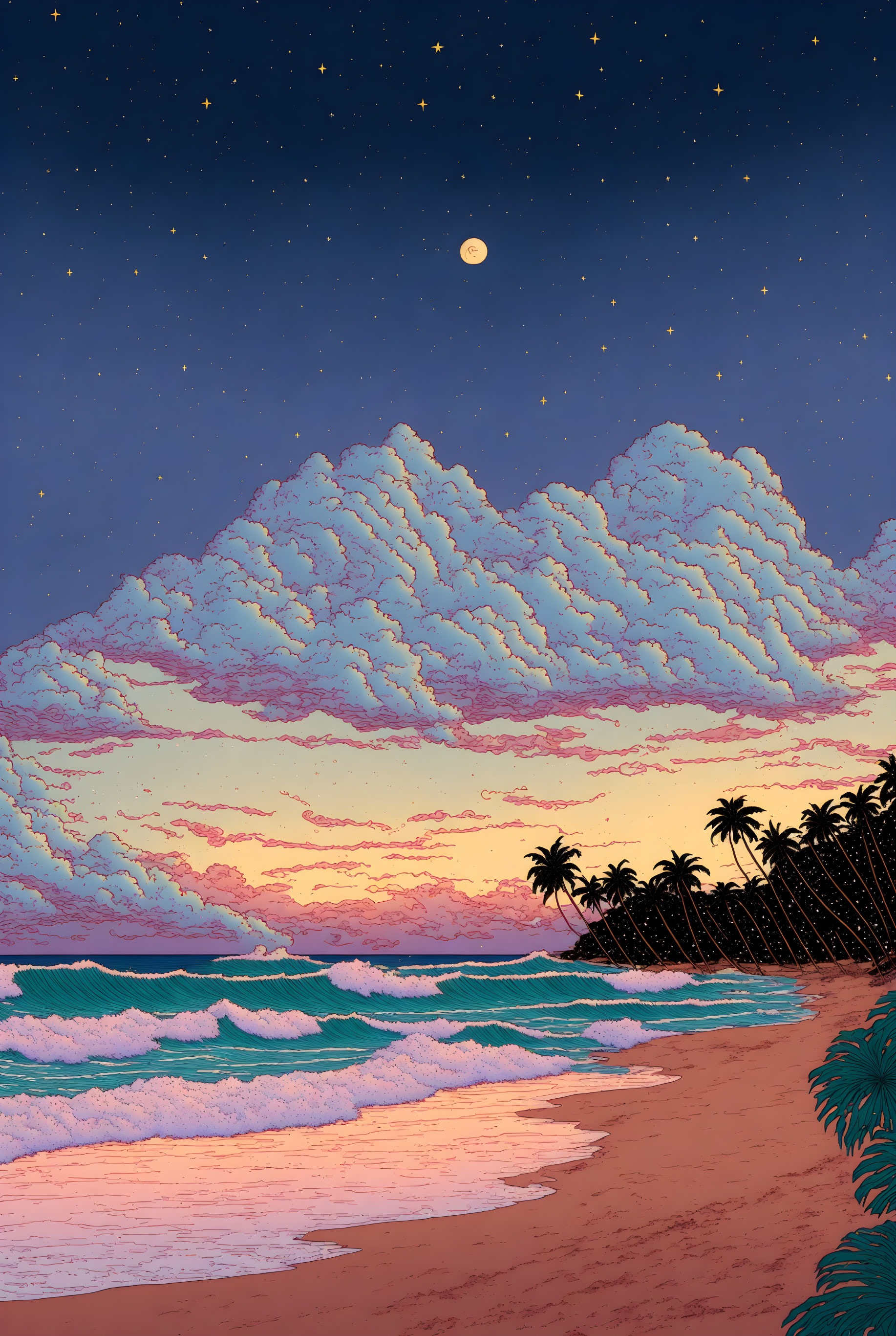 Tranquil beach scene at dusk with starry sky, moon, clouds, waves, palm tree