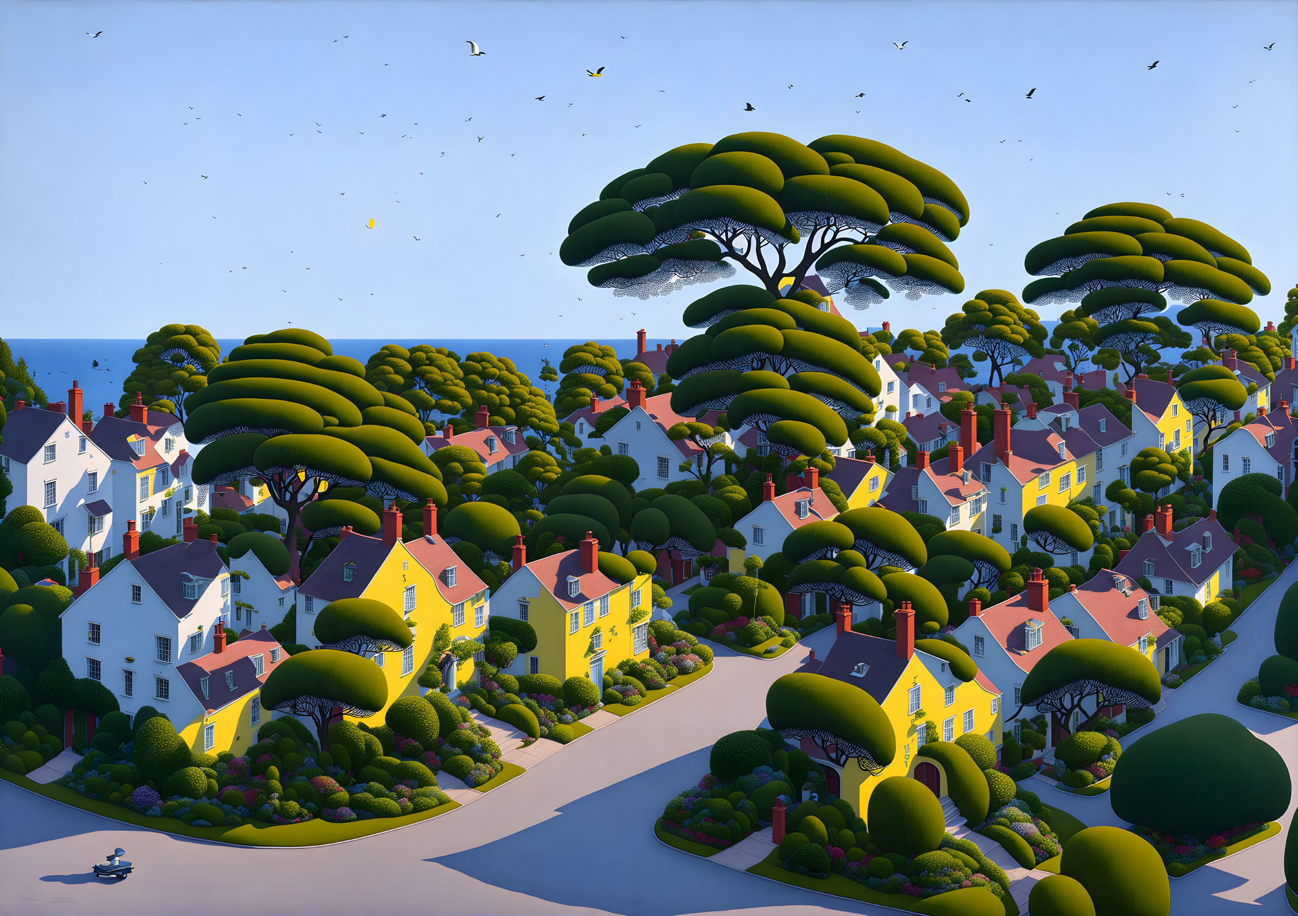 Surreal landscape with oversized treetops and quaint village under blue sky