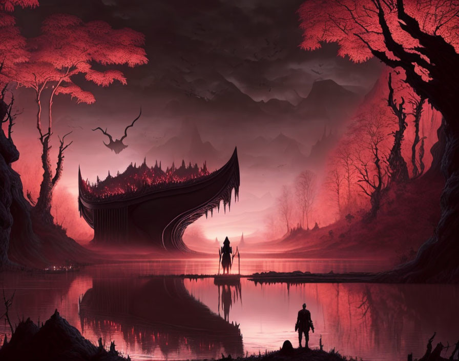 Fantasy landscape with crimson sky, reflective lake, floating structure, red-leafed trees