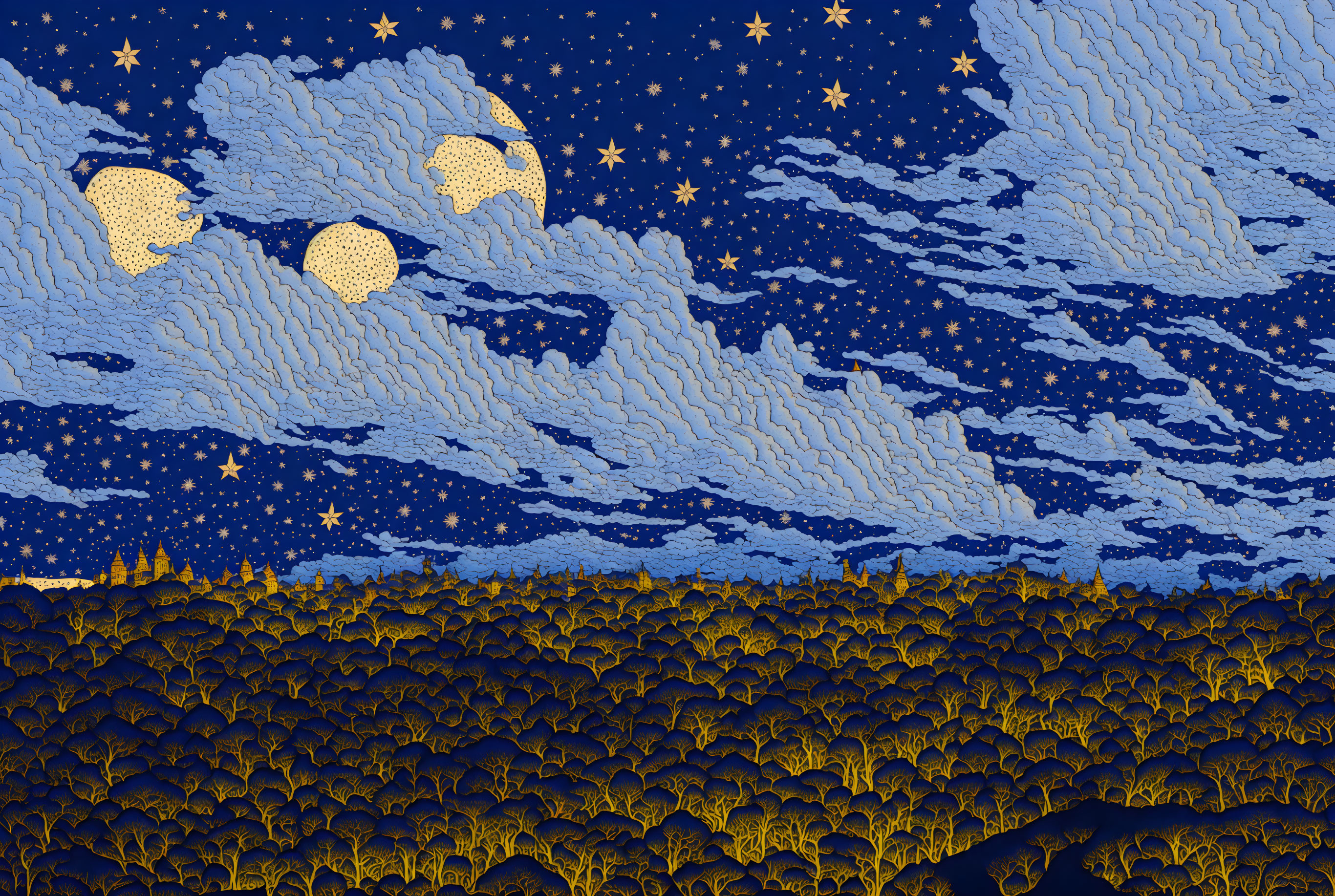 Night sky with stars and clouds above dark forest in Van Gogh-inspired style