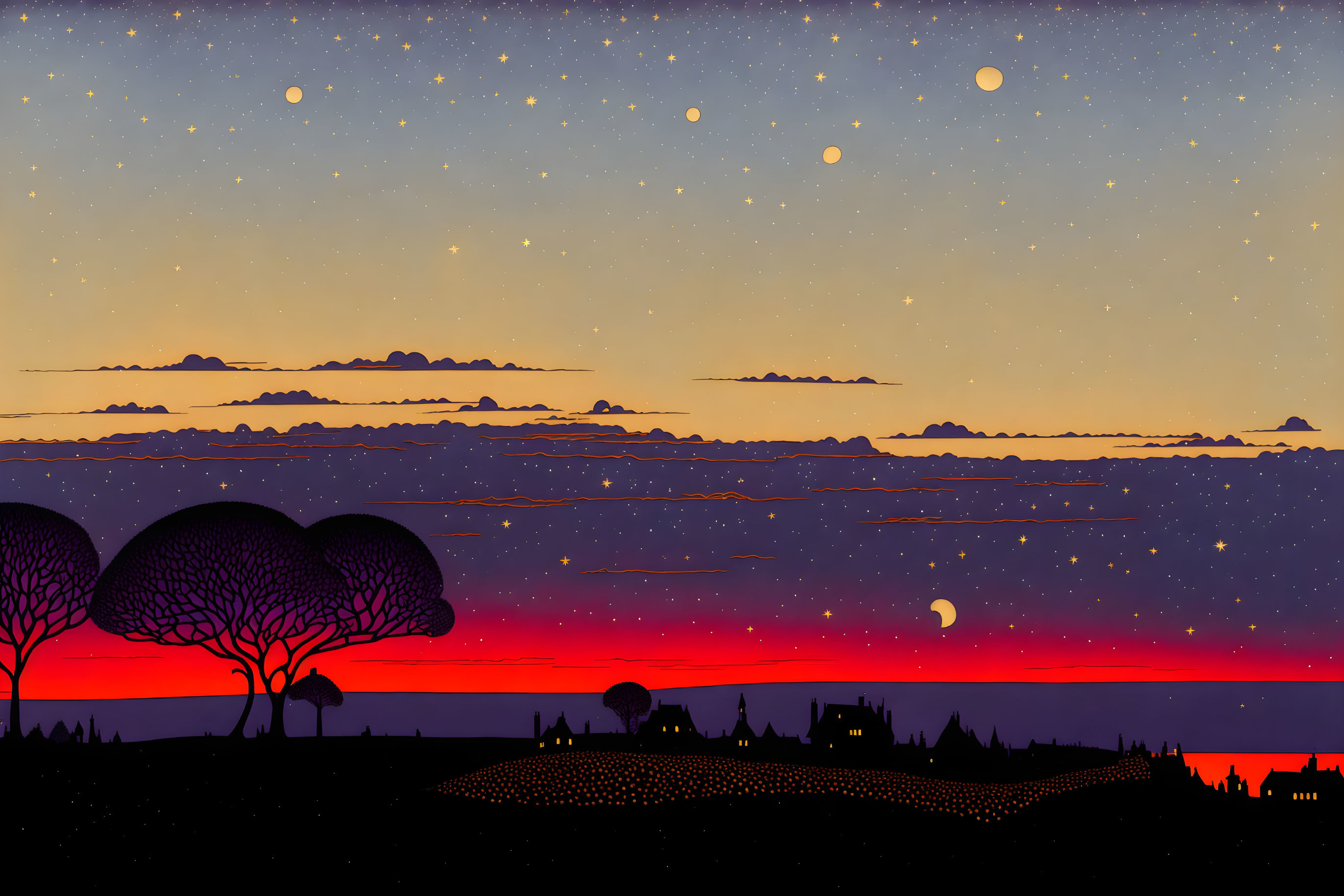 Twilight landscape with silhouetted trees, hills, village, and starry sky