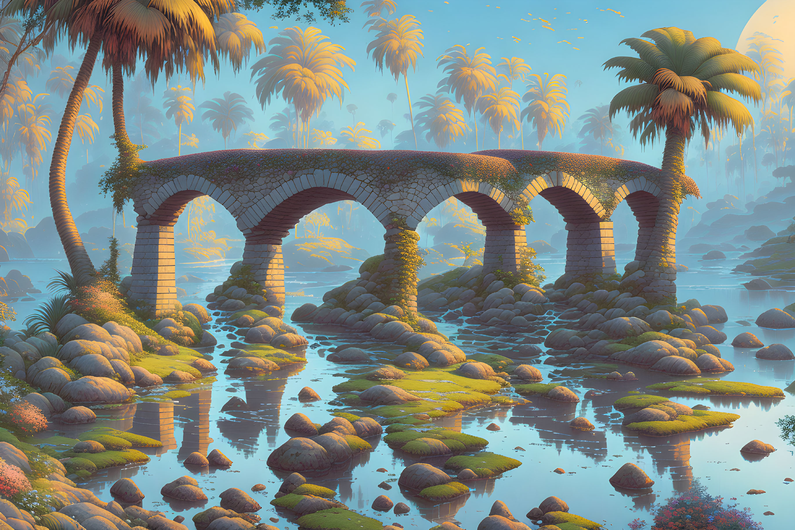 Stone arch bridge over tropical river at dawn or dusk
