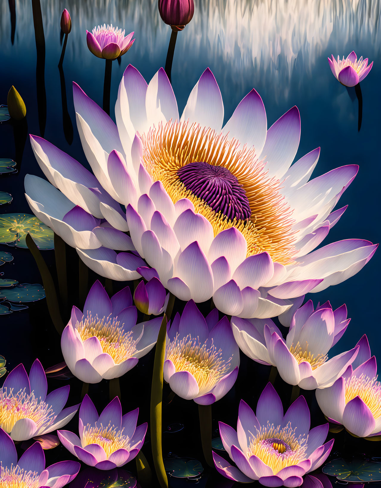 Colorful digital illustration of white and yellow water lily with purple lilies on dark water.
