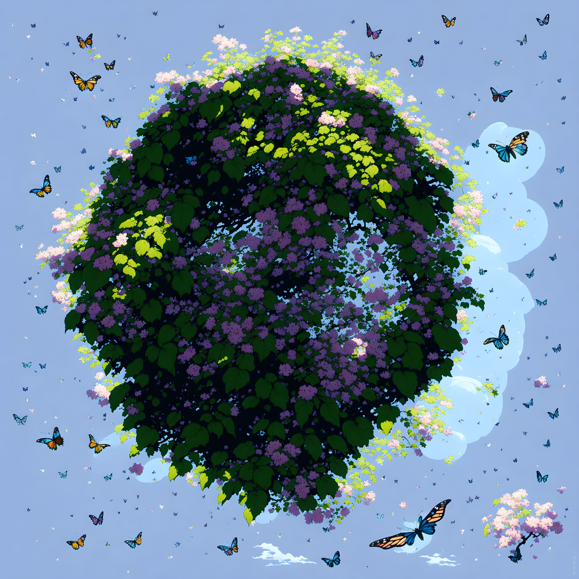 A small planet of blossoms and butterfly's 