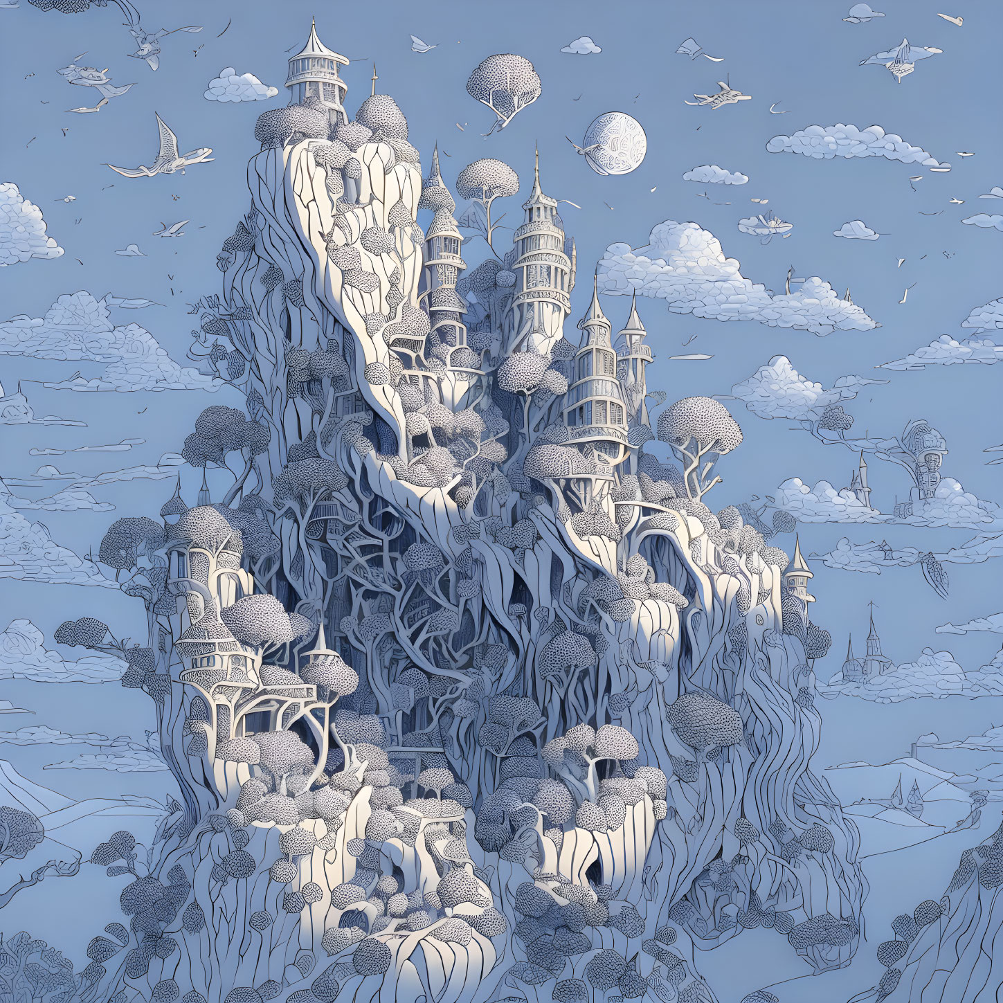 Fantasy castle on rock formation with hot air balloons and fantastical structures