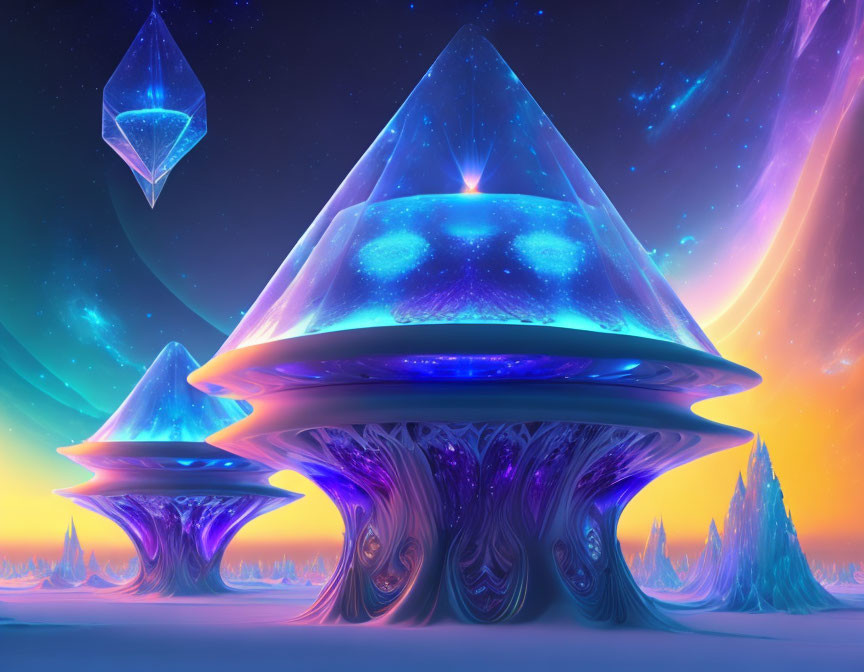 Fantasy digital artwork: Vibrant crystal structures on tree-like bases under neon sky