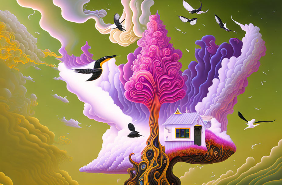 Surreal image of small house on floating purple landform