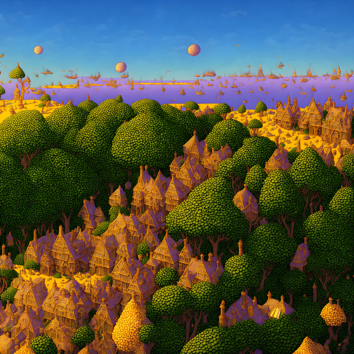 Whimsical landscape with green treetops, golden houses, and floating islands