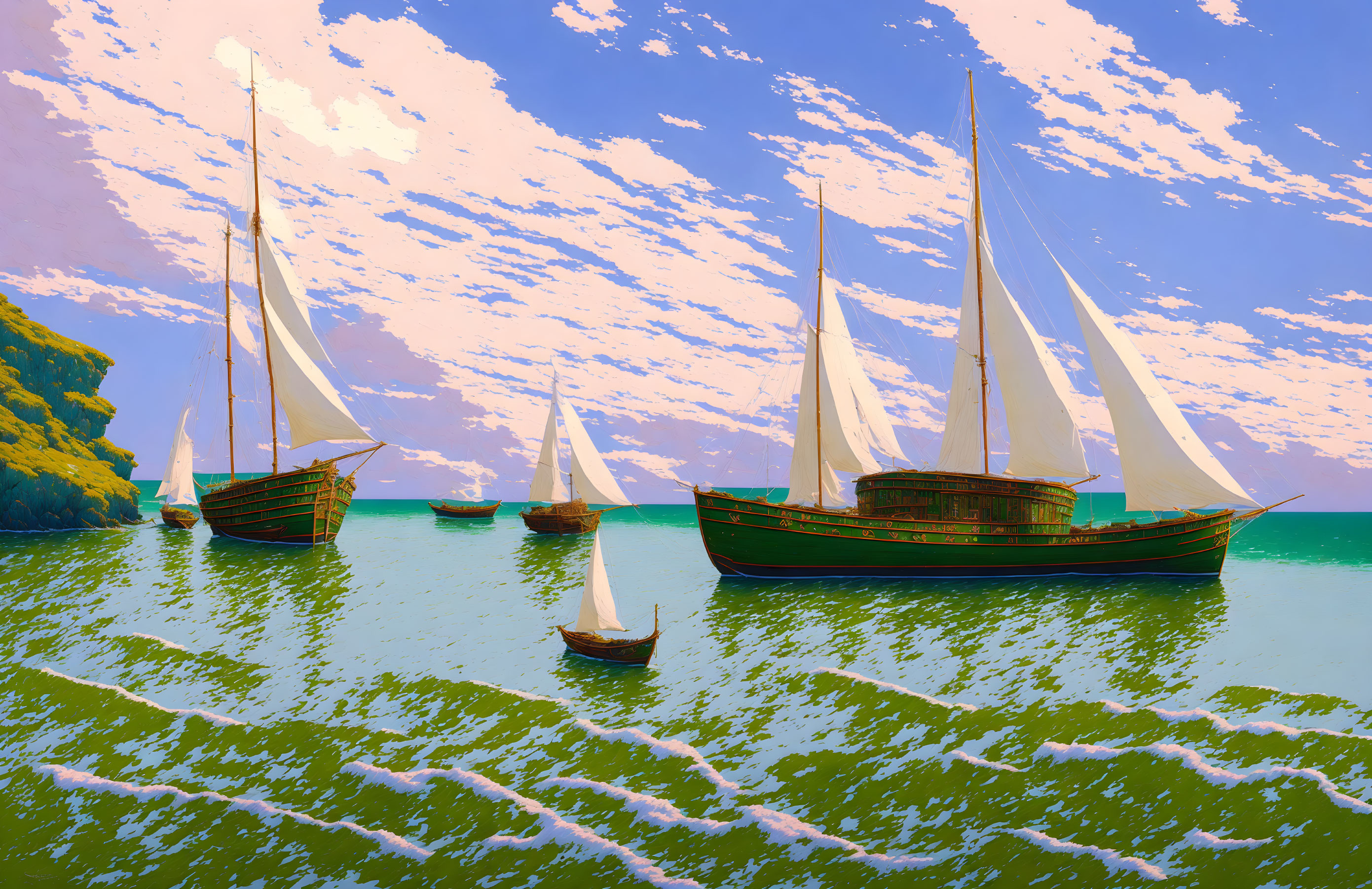 Various sizes sailboats on green sea with pink and blue sky and green coastline