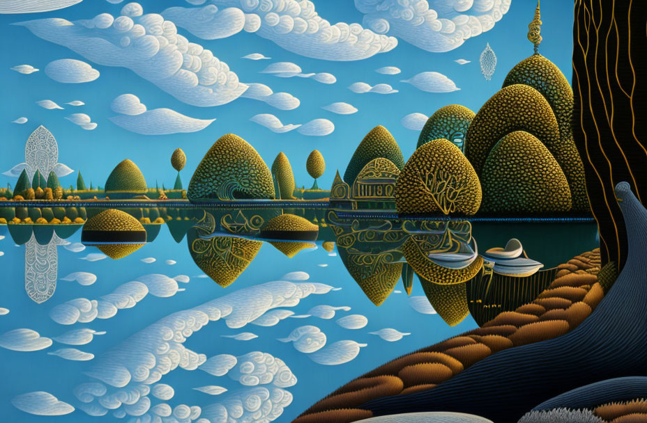 Surreal landscape with stylized trees, floating islands, and intricate patterns