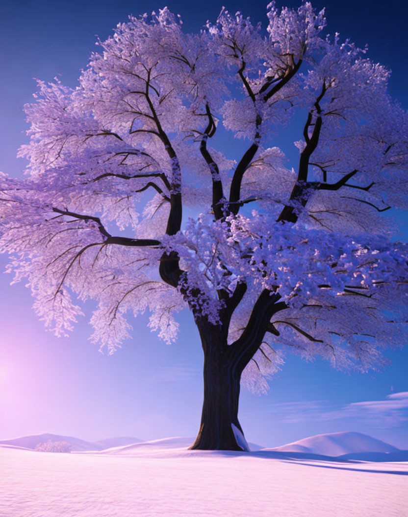 Frost-covered tree with white blossoms under purple sky