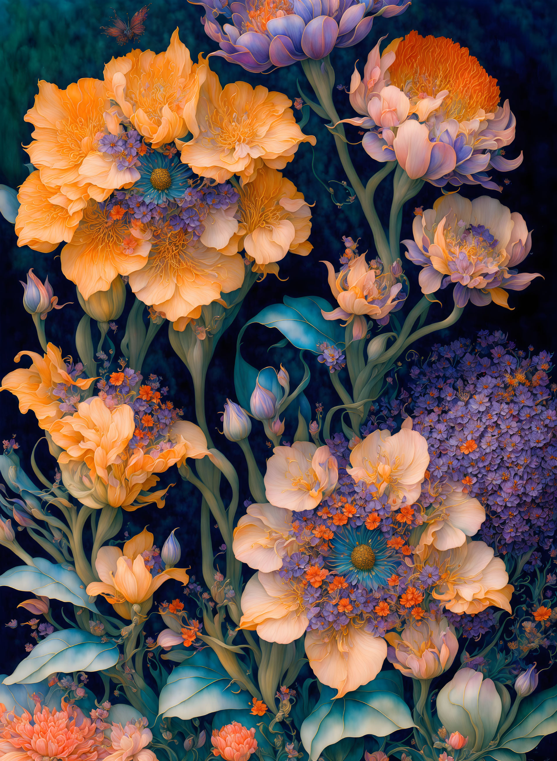 Vivid Orange and Purple Floral Arrangement on Dark Background