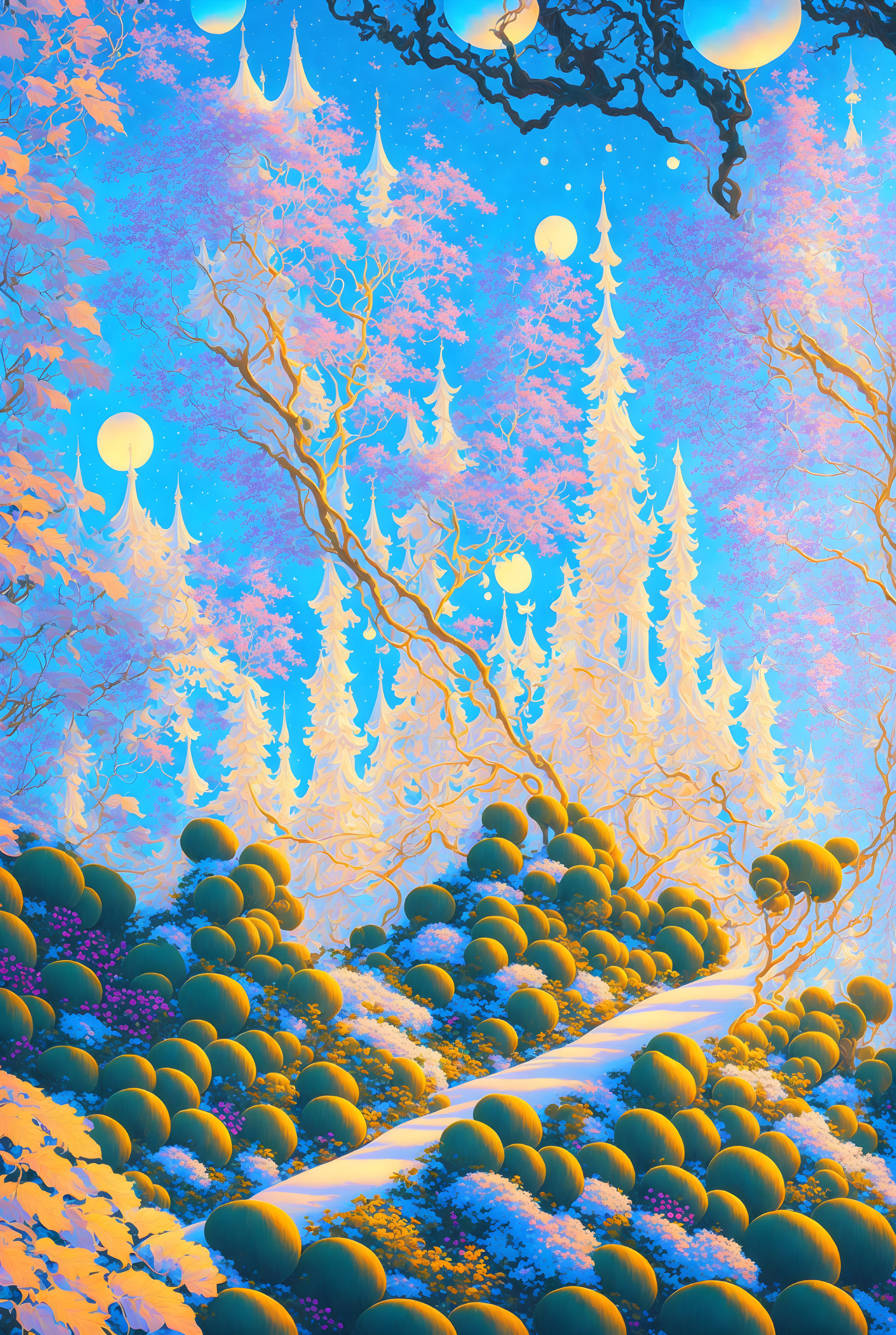 Vibrant Blue and Pink Forest with Glowing Orbs