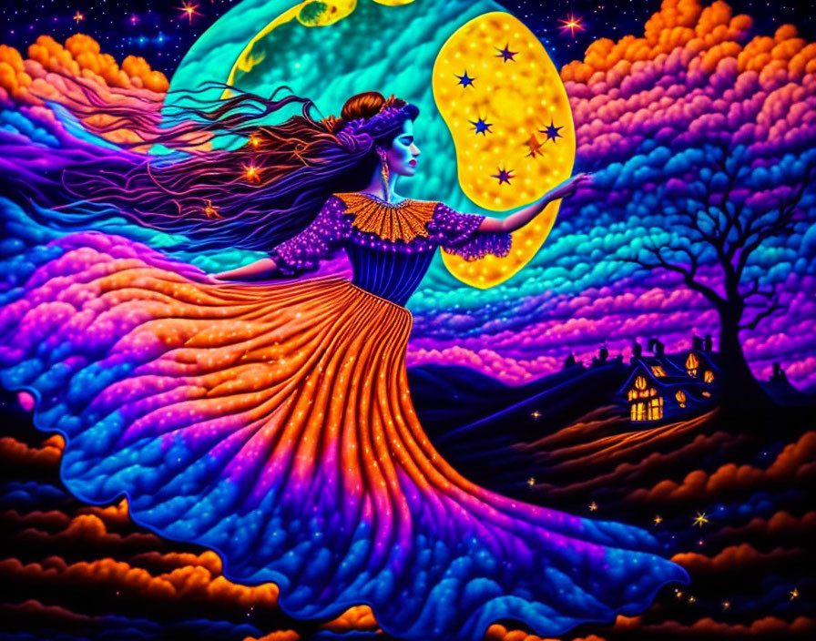Colorful illustration of woman with crescent moon and stars in flowing gown under star-lit sky.