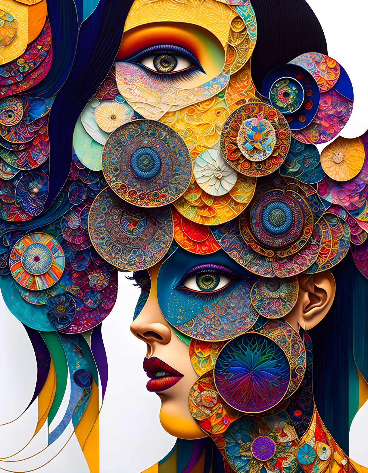 Colorful digital artwork: Woman's face with mandala designs