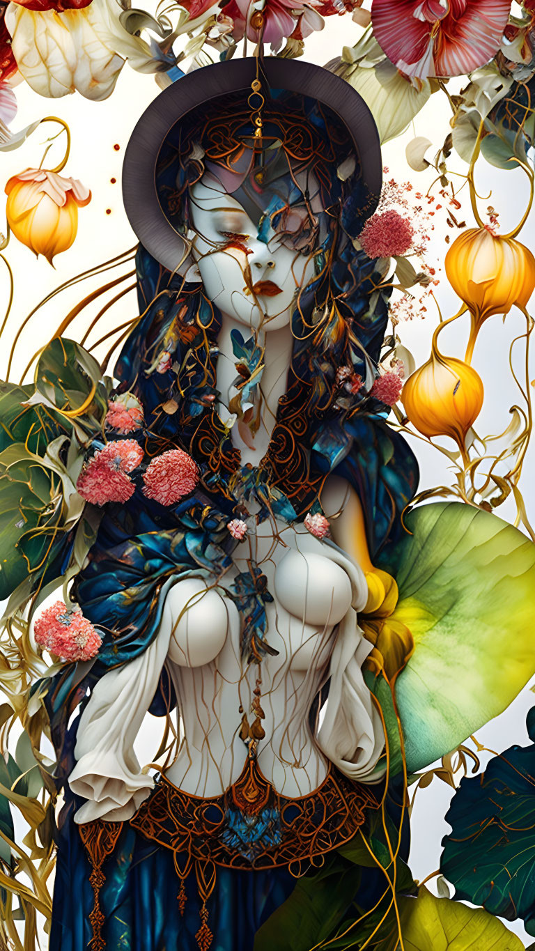 Intricate surreal illustration of masked figure with floral hat and butterflies