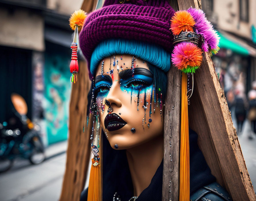 Artistic blue makeup with black teardrop details on a person wearing a colorful pom-pom be