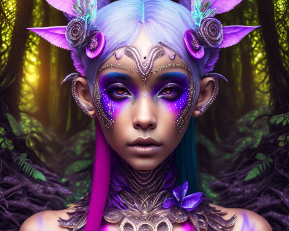 Mystical elf with purple and blue hair and jeweled headpiece in forest