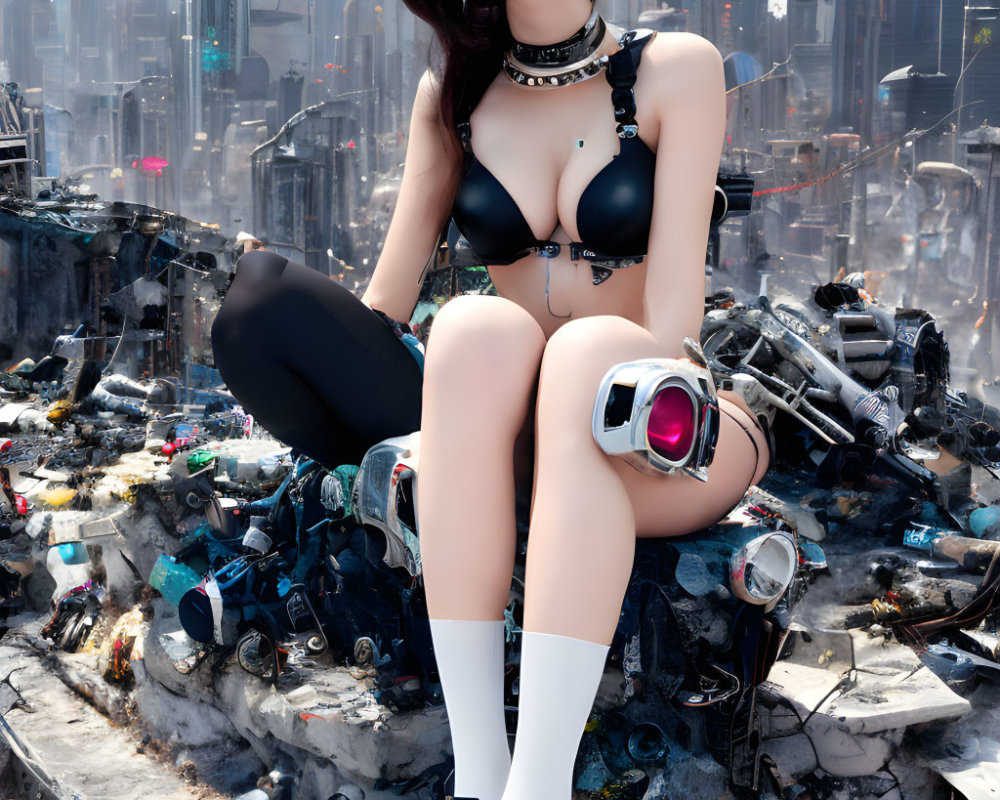 Female cyberpunk character on futuristic city debris.