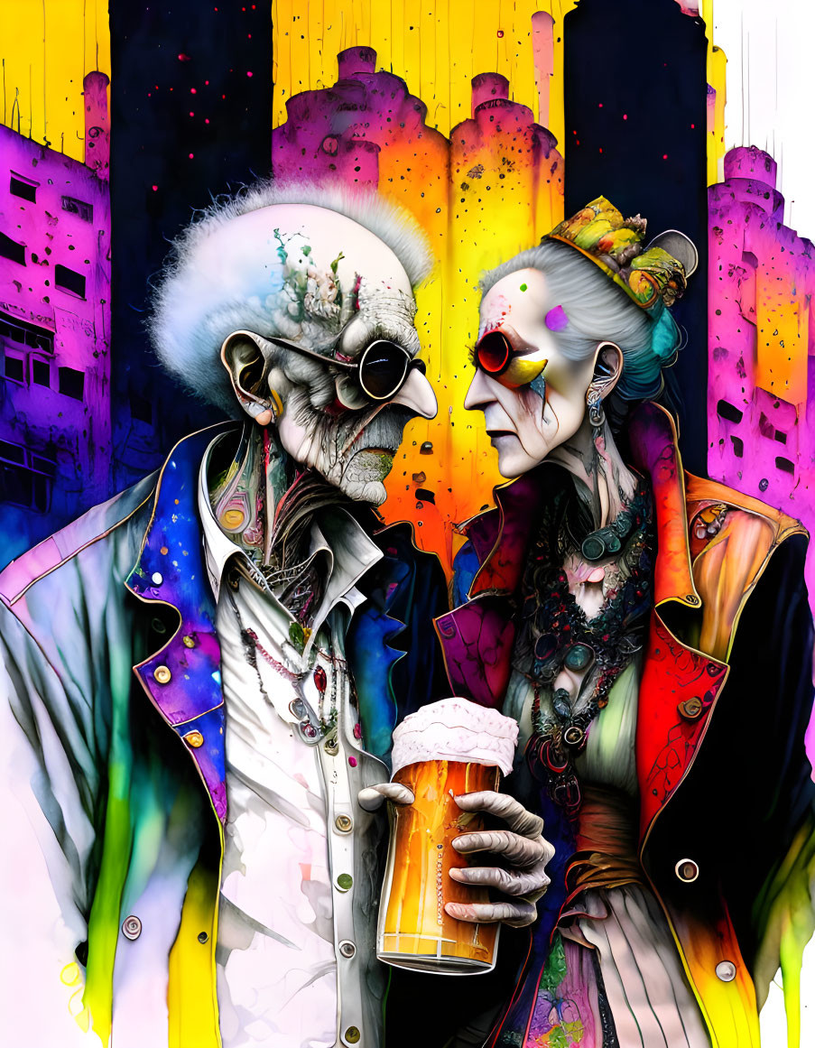 Vibrant illustration: Elderly couple with punk style clinking beer glasses in cityscape.