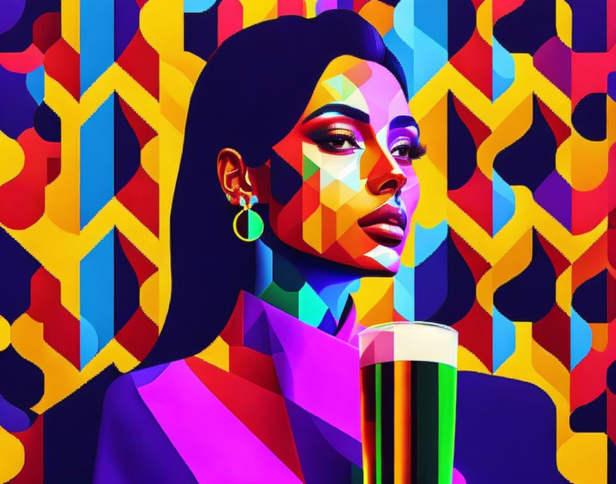 Colorful geometric digital art of stylized woman on patterned background